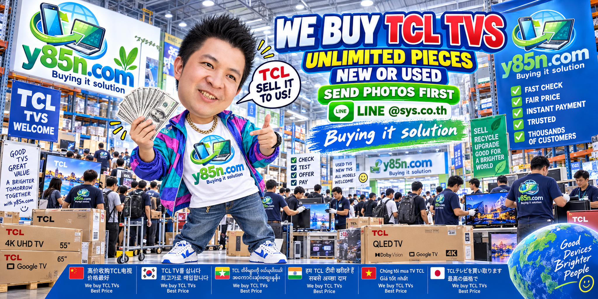Y85N.com team and customers in a busy TCL TV buying warehouse