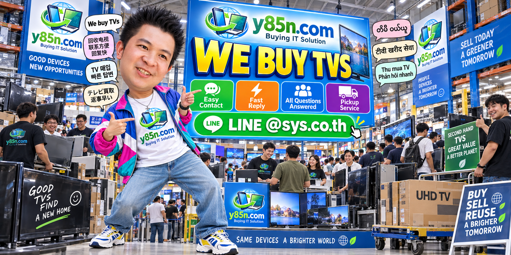 Y85N.com TV buying contact banner with LINE at sys.co.th