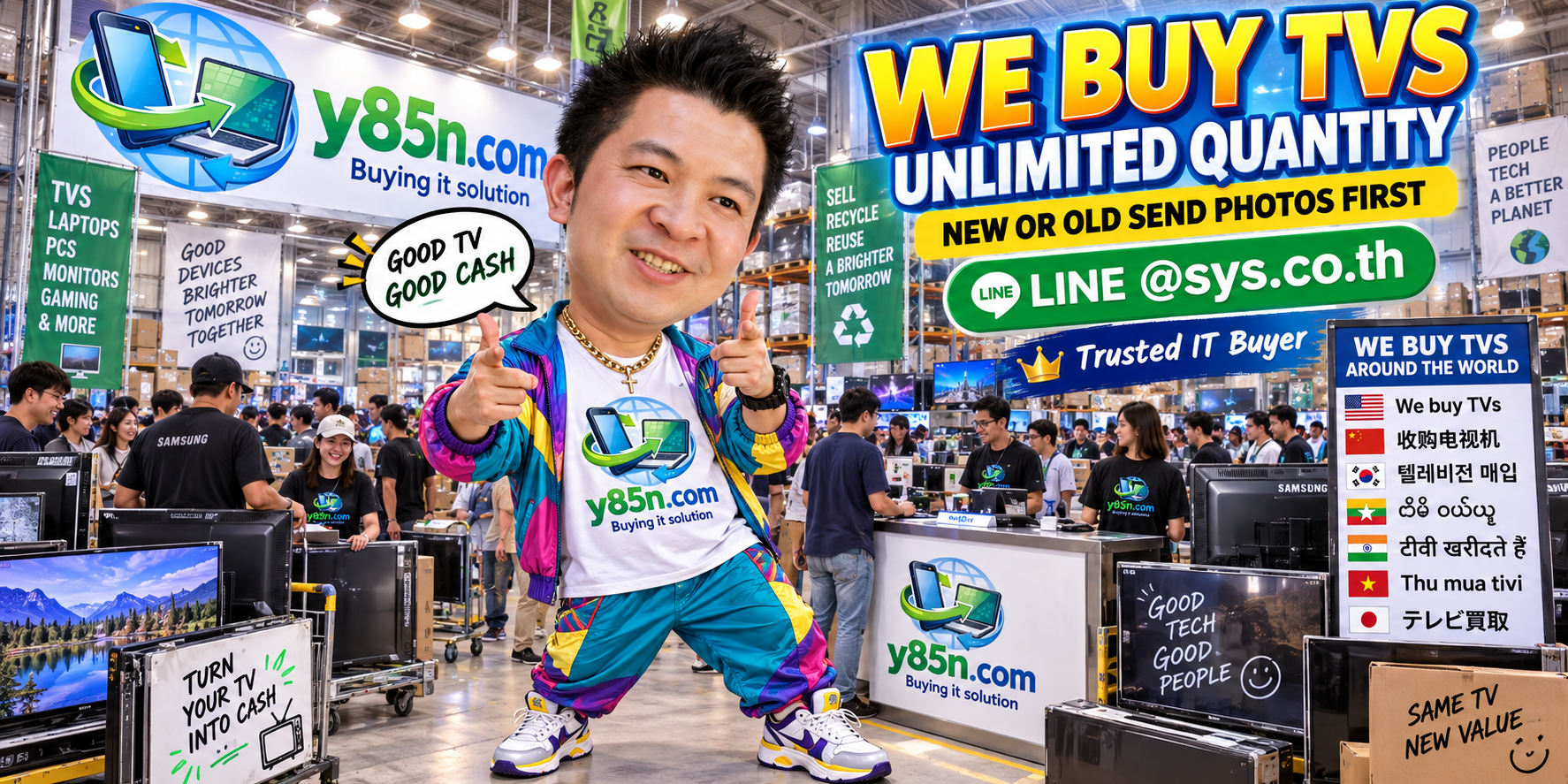 Y85N.com TV buying warehouse with customers and used TVs