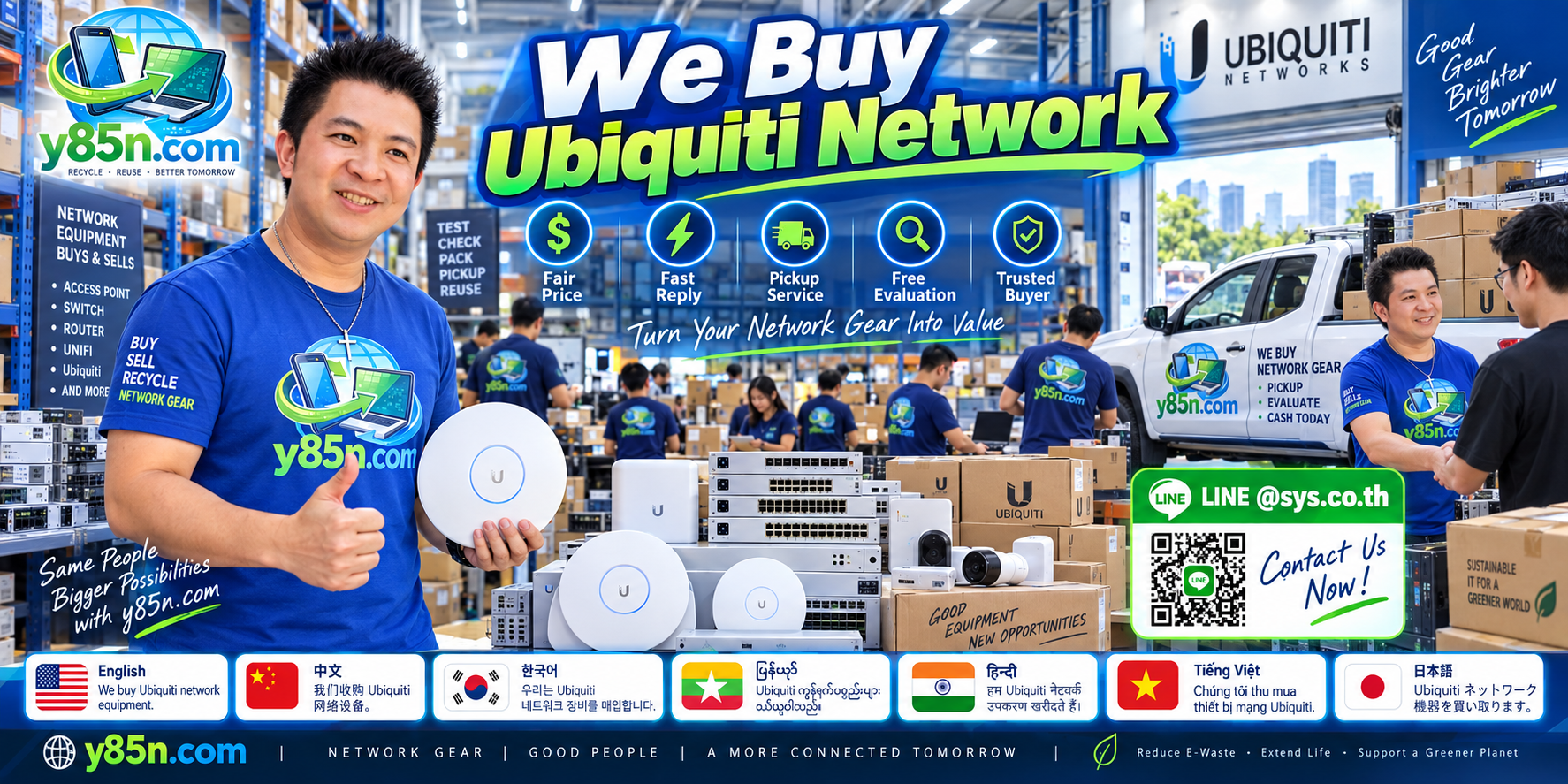Y85N.com Ubiquiti network equipment buying contact banner with LINE @sys.co.th