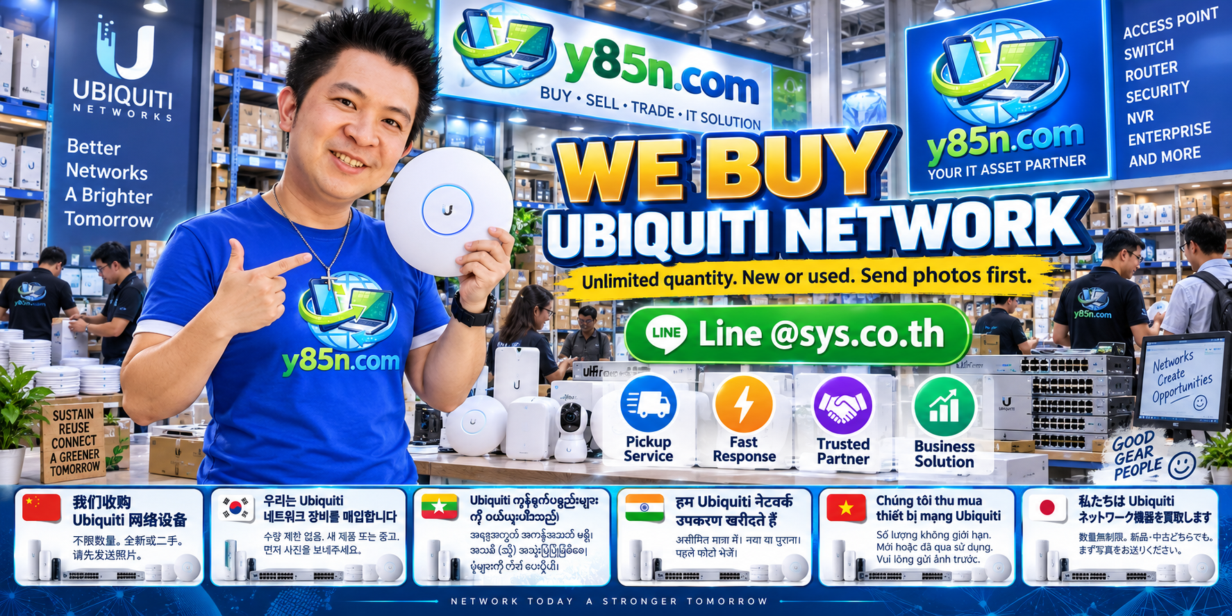 Y85N.com team and customers at a busy Ubiquiti network equipment buying warehouse in Thailand