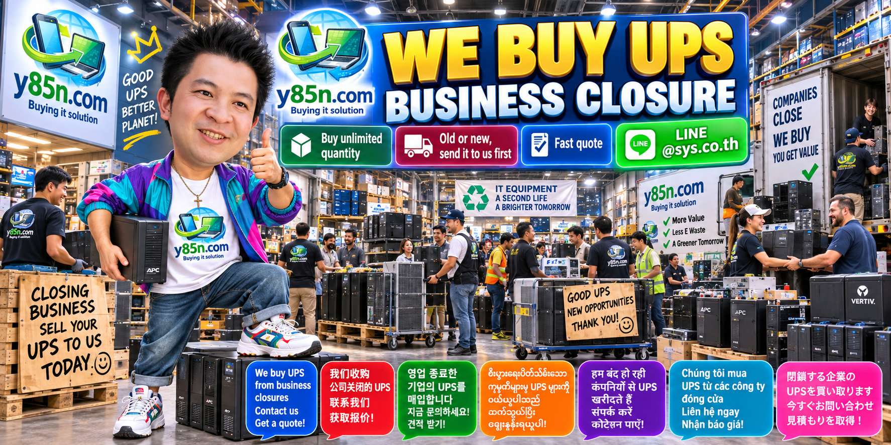Y85N.com team handling UPS systems from a business closure warehouse