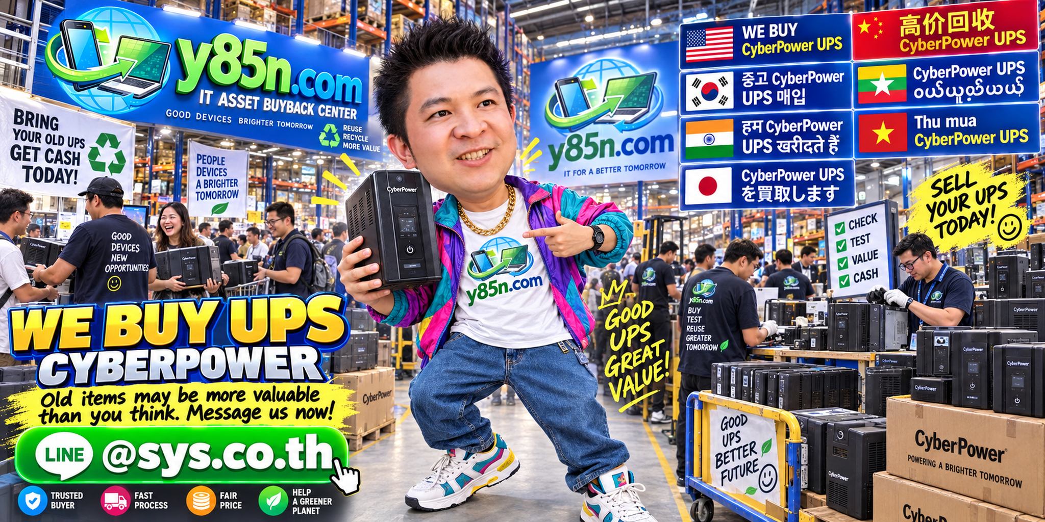 Busy Y85N.com warehouse buying used CyberPower UPS equipment across Thailand