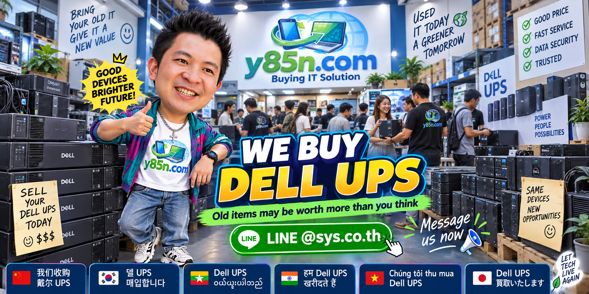 Busy Y85N.com warehouse showing a Dell UPS buying service for used and bulk UPS equipment in Thailand