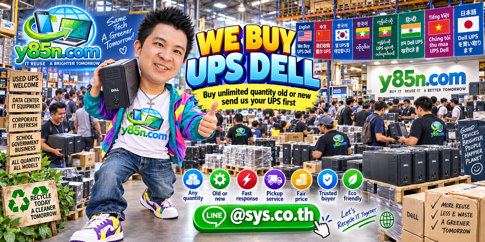 Y85N.com team and customers at a busy IT warehouse with Dell UPS equipment