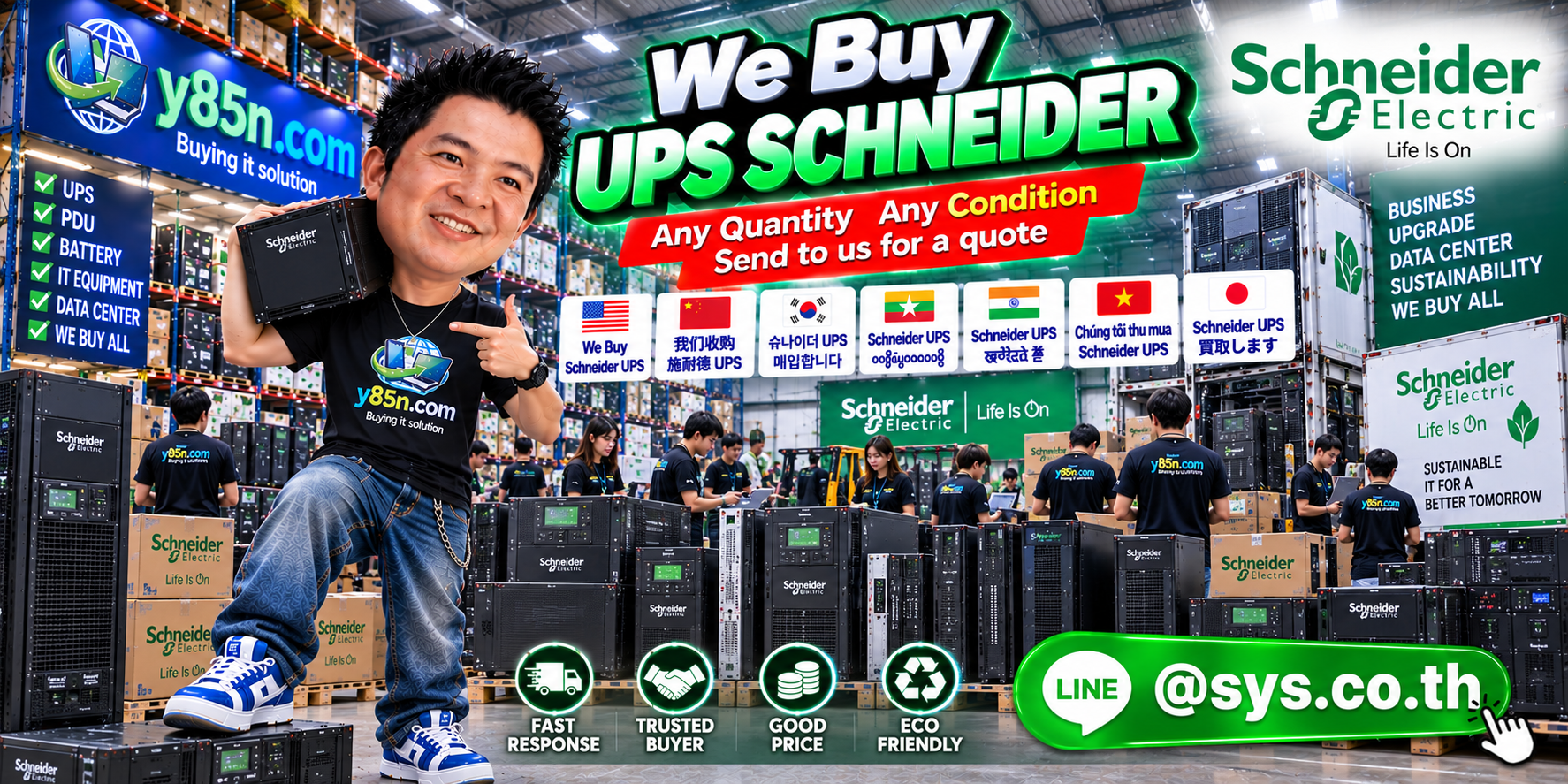 Y85N.com team and customers at a busy warehouse buying Schneider UPS equipment in Thailand