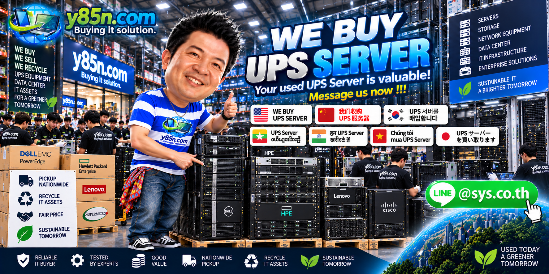 Busy Y85N.com IT warehouse showing server UPS buying service in Thailand