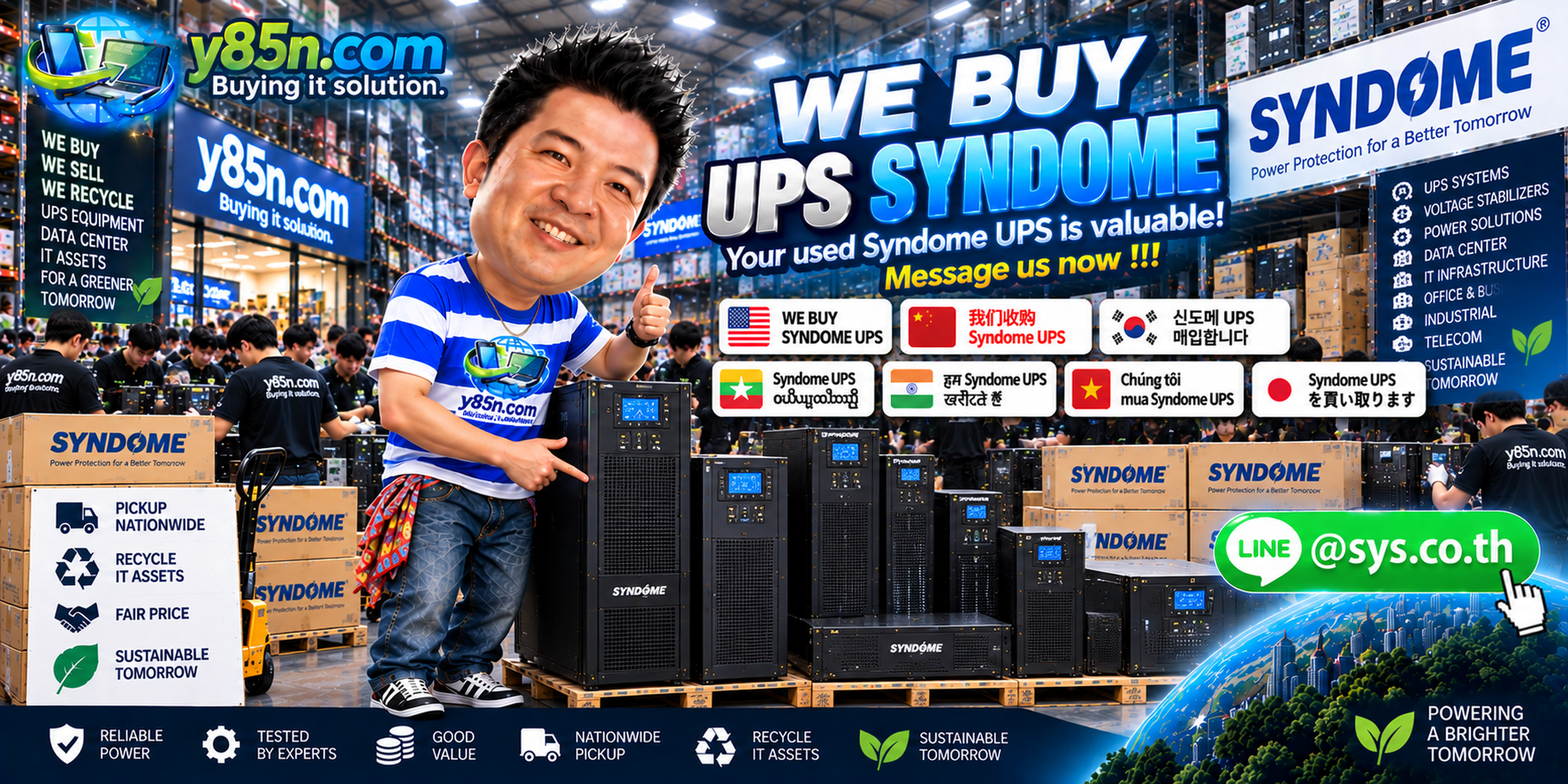 Busy Y85N.com warehouse buying used and bulk Syndome UPS systems in Thailand