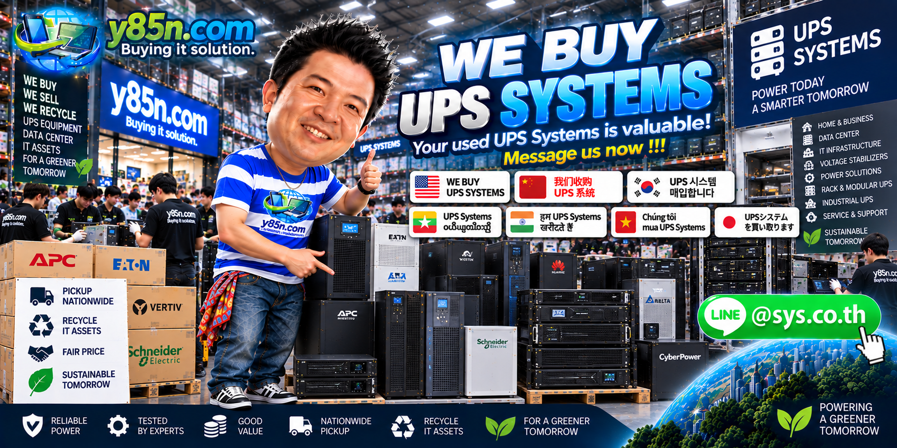 Busy Y85N.com warehouse showing a UPS systems buying service in Thailand