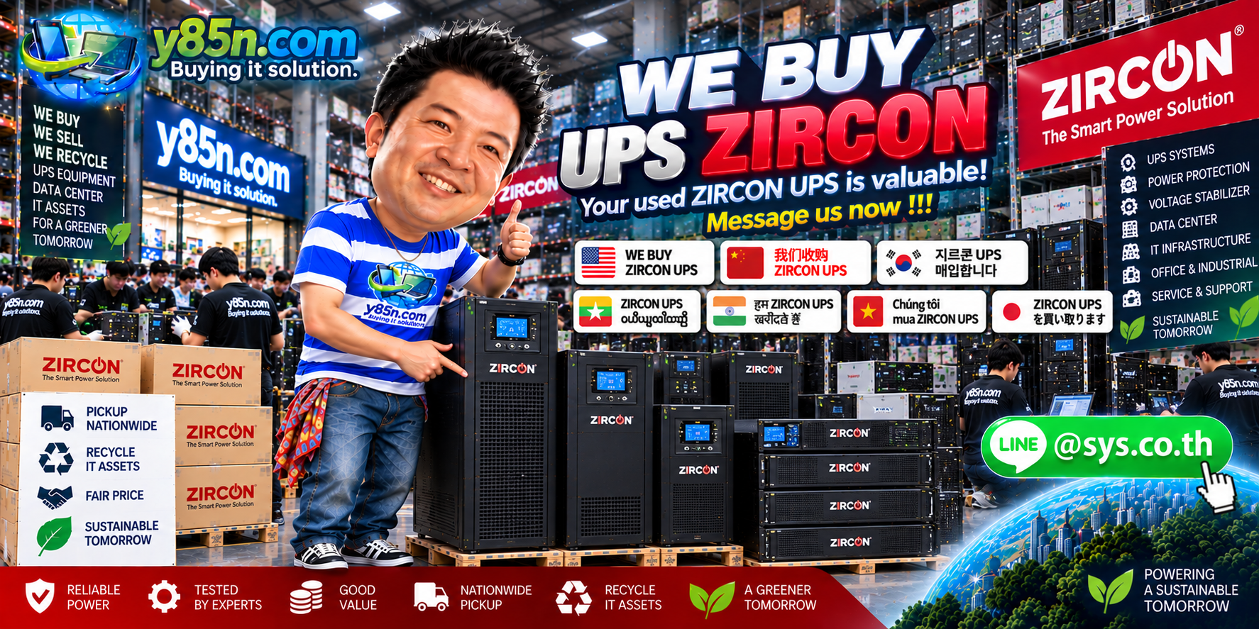 Busy Y85N.com warehouse buying used ZIRCON UPS equipment in Thailand
