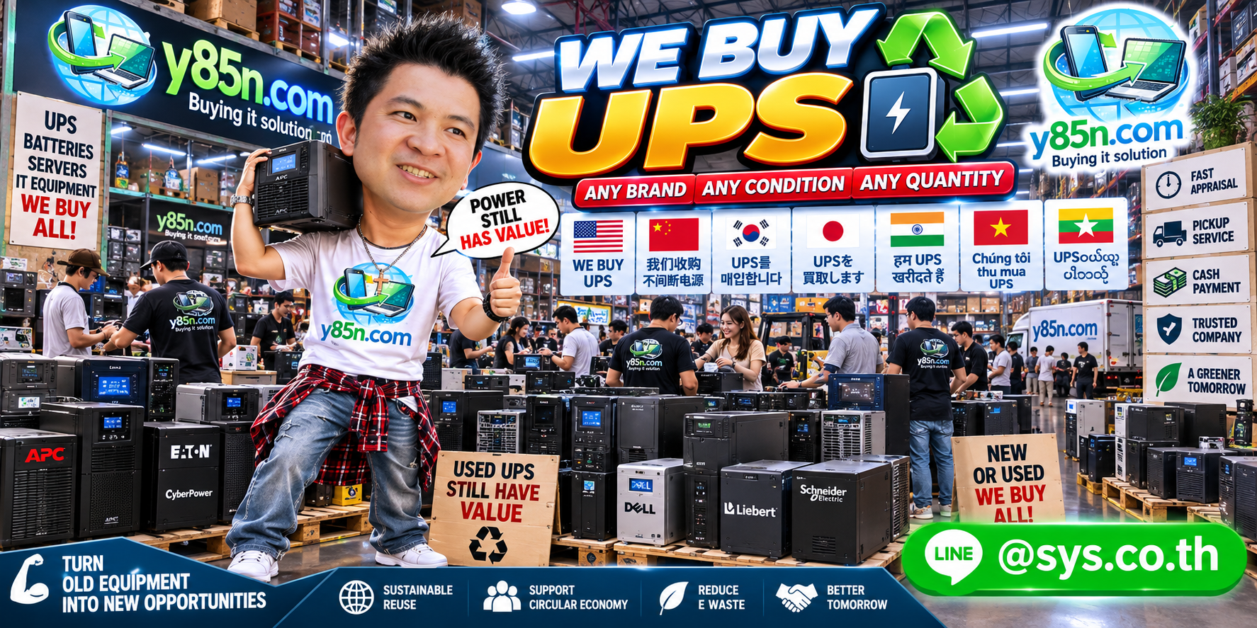 Y85N.com team and customers at a busy warehouse buying used UPS equipment
