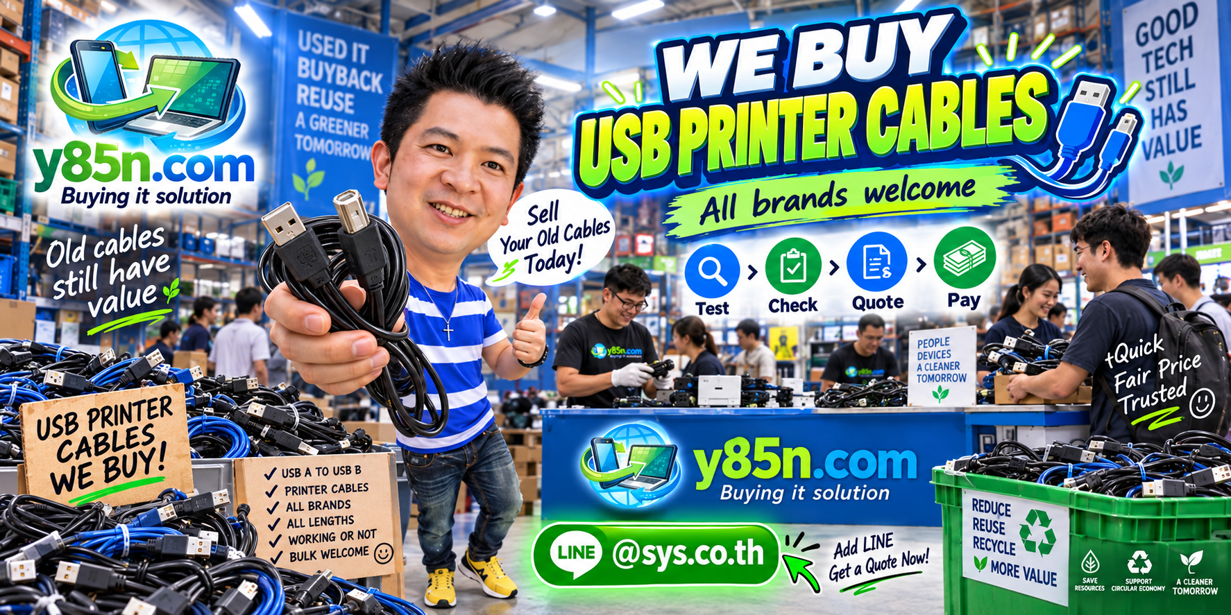 Busy Y85N.com warehouse showing USB printer cable buying service for sellers in Thailand