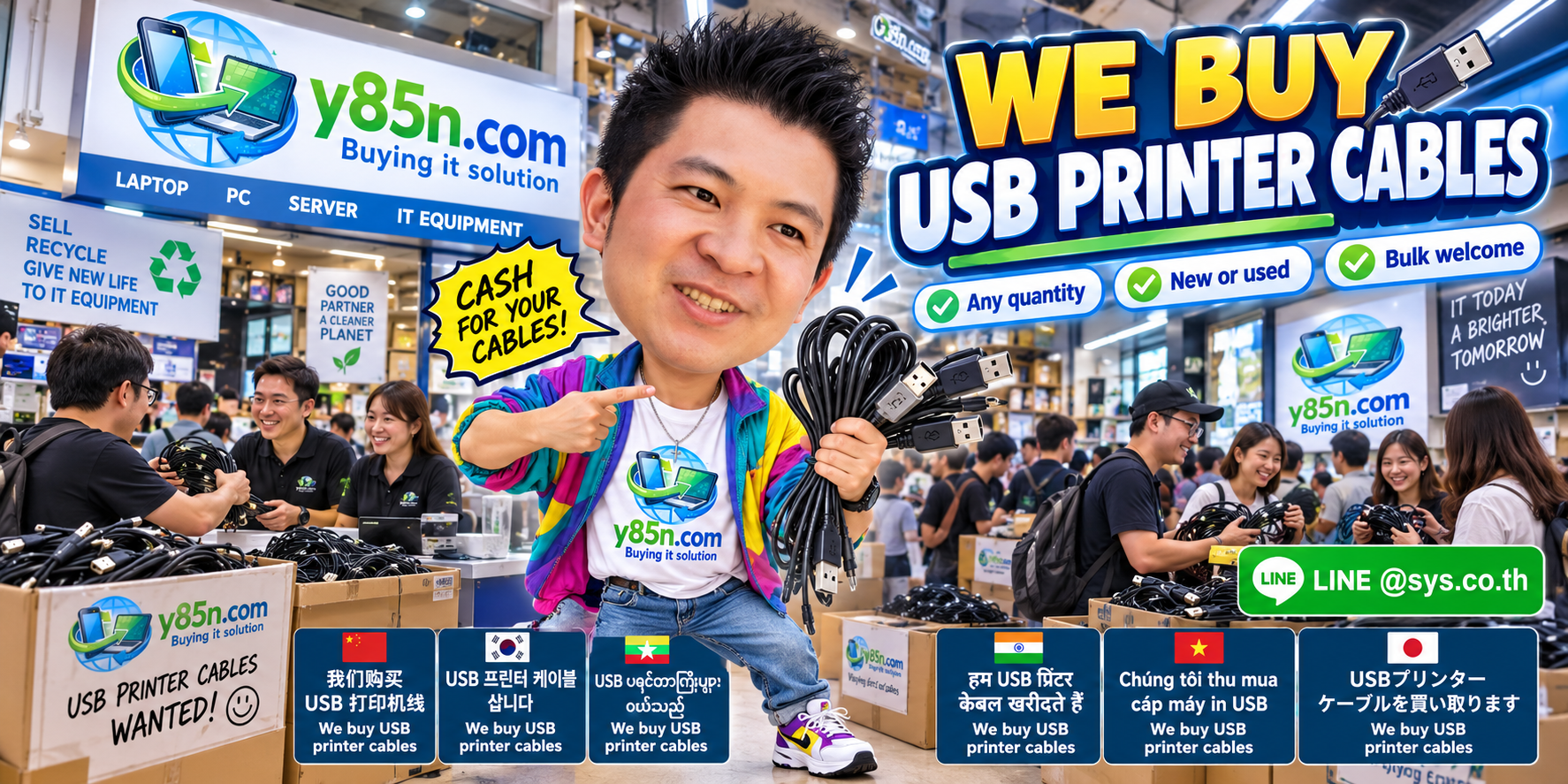 Y85N.com team and sellers with large USB printer cable inventories in an IT warehouse