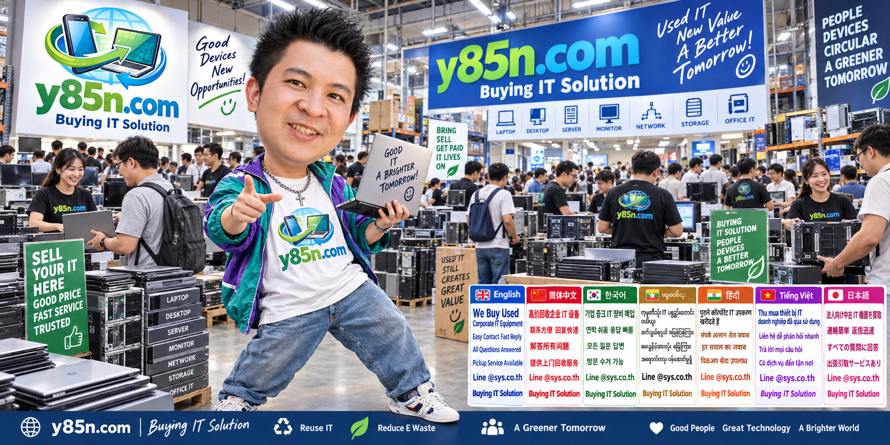 Y85N.com used corporate IT equipment buying contact banner with LINE at sys.co.th