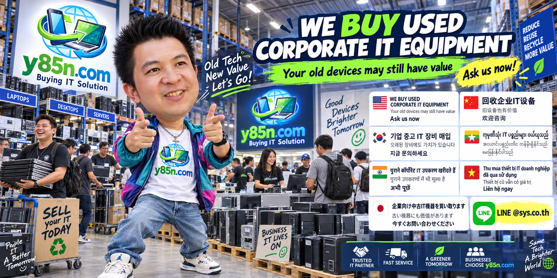Busy Y85N.com warehouse buying used corporate IT equipment from businesses and international organizations in Thailand