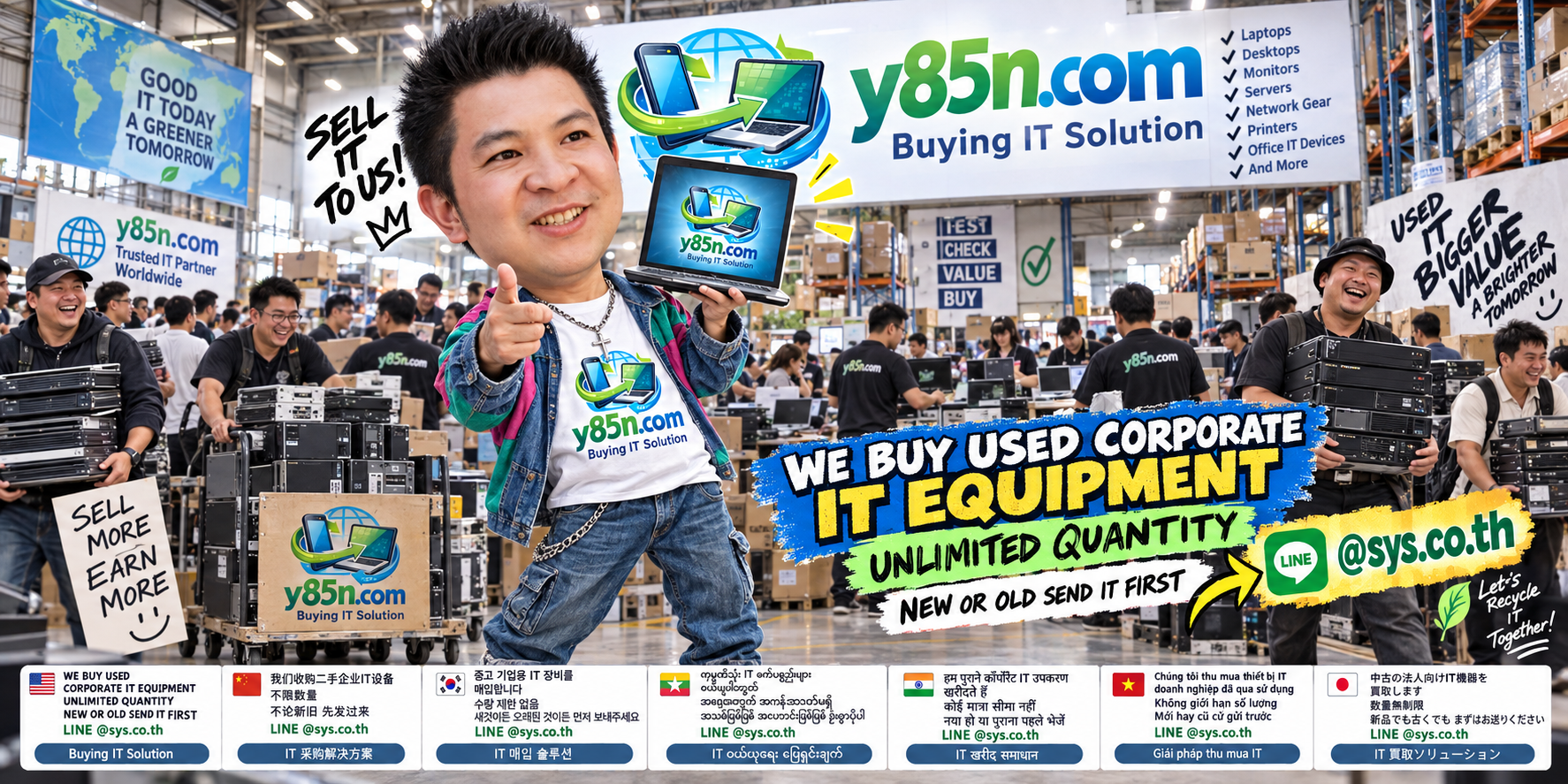 Y85N.com team evaluating used corporate IT equipment in a busy Thailand warehouse
