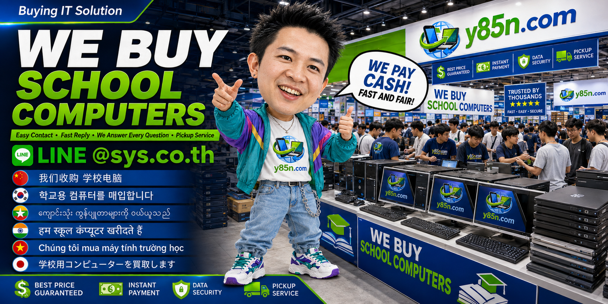 Y85N.com used office computer buying contact banner with LINE sys.co.th