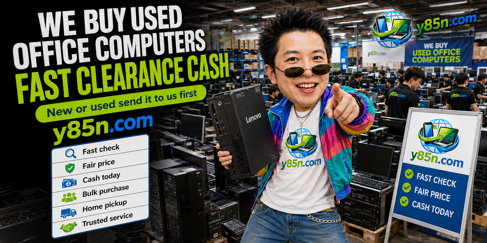 Y85N.com warehouse buying used office computers in Thailand