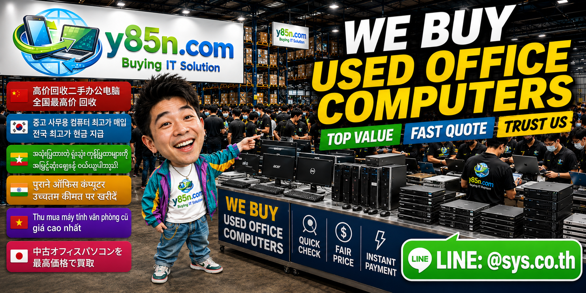 Y85N.com busy warehouse buying used office computers and corporate PC fleets