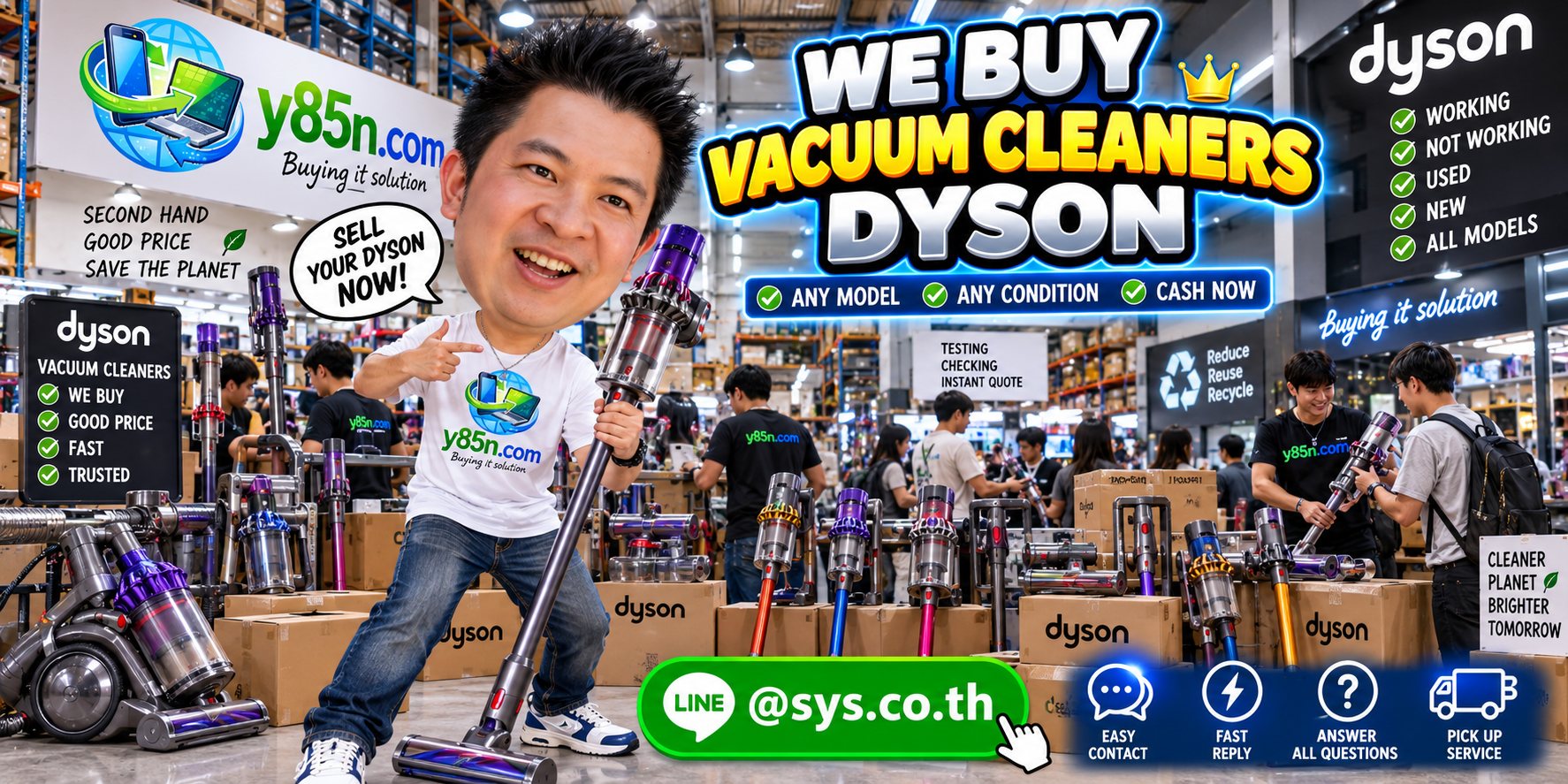 Y85N.com Dyson vacuum cleaner buying service contact banner with LINE at sys.co.th