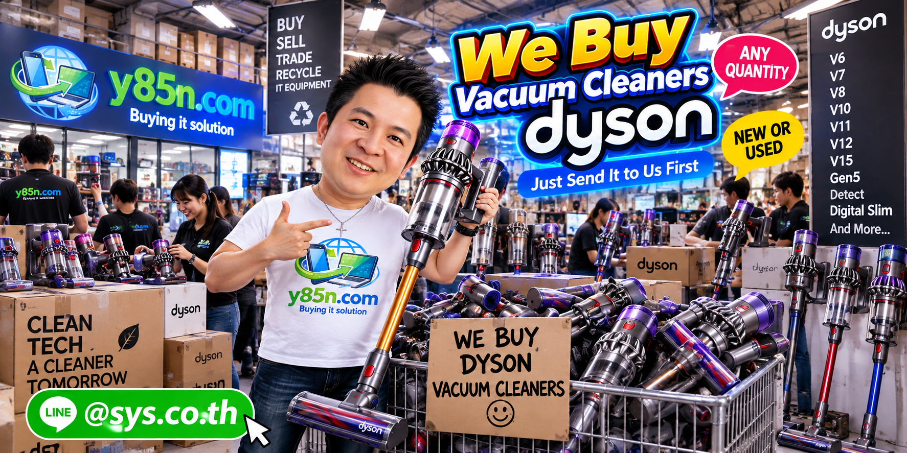 Y85N.com team and customers at a busy Dyson vacuum buying warehouse