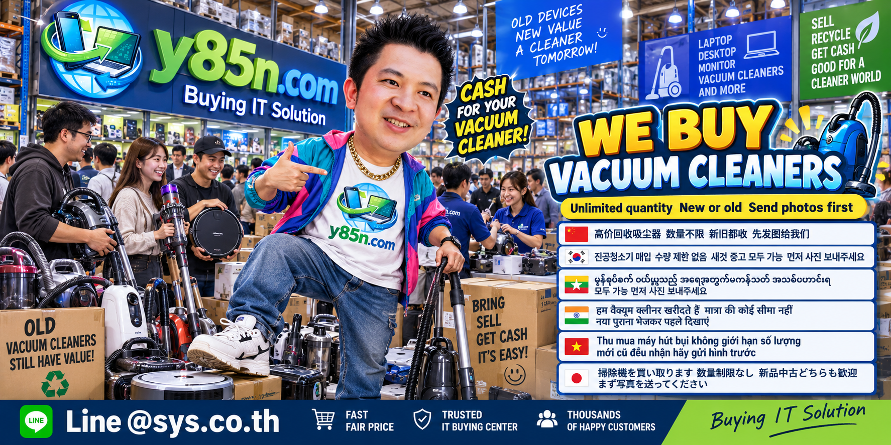 Y85N.com team and customers in a busy vacuum cleaner buying warehouse