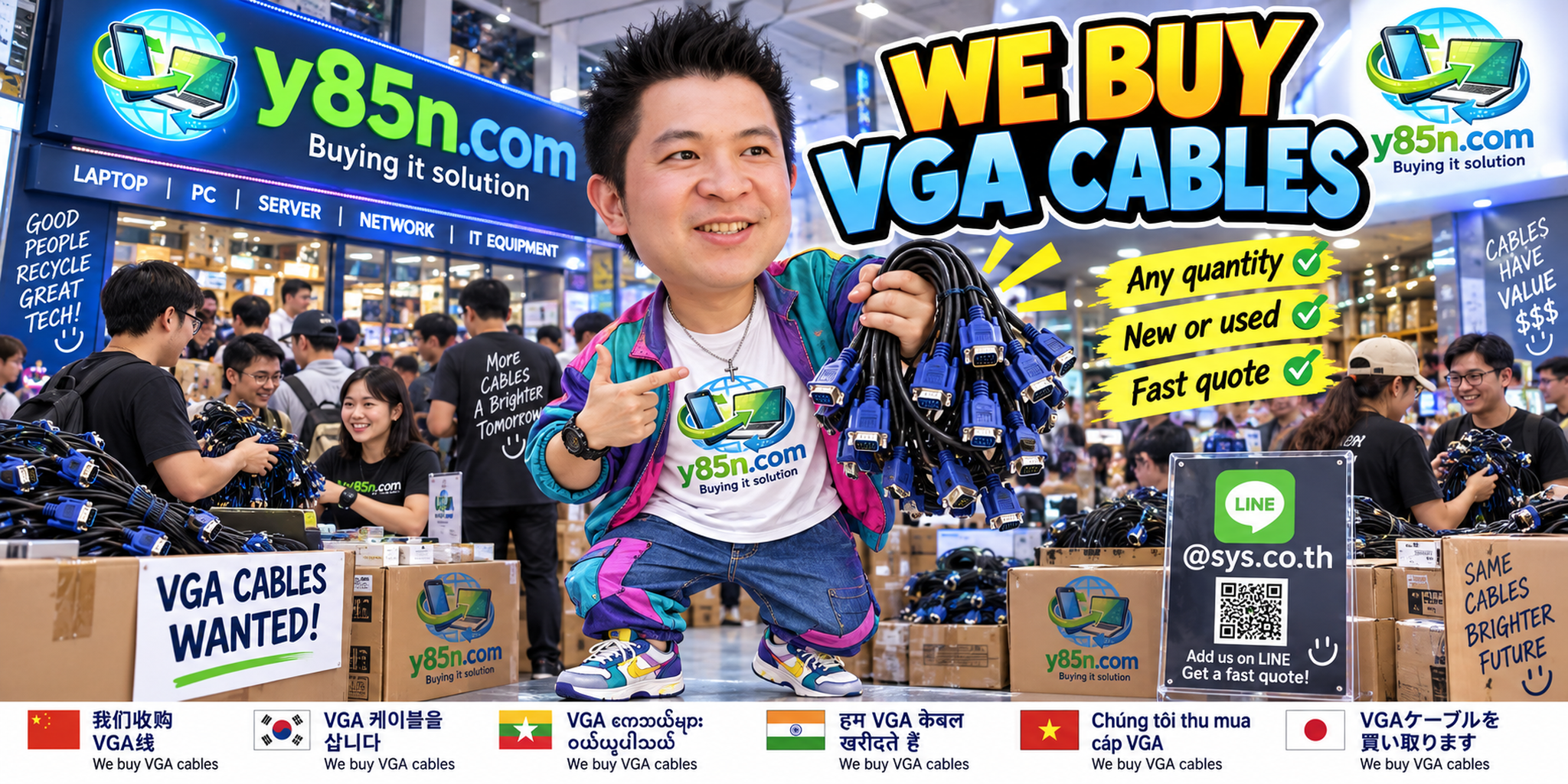 Y85N.com team buying bulk VGA cables in a busy IT warehouse