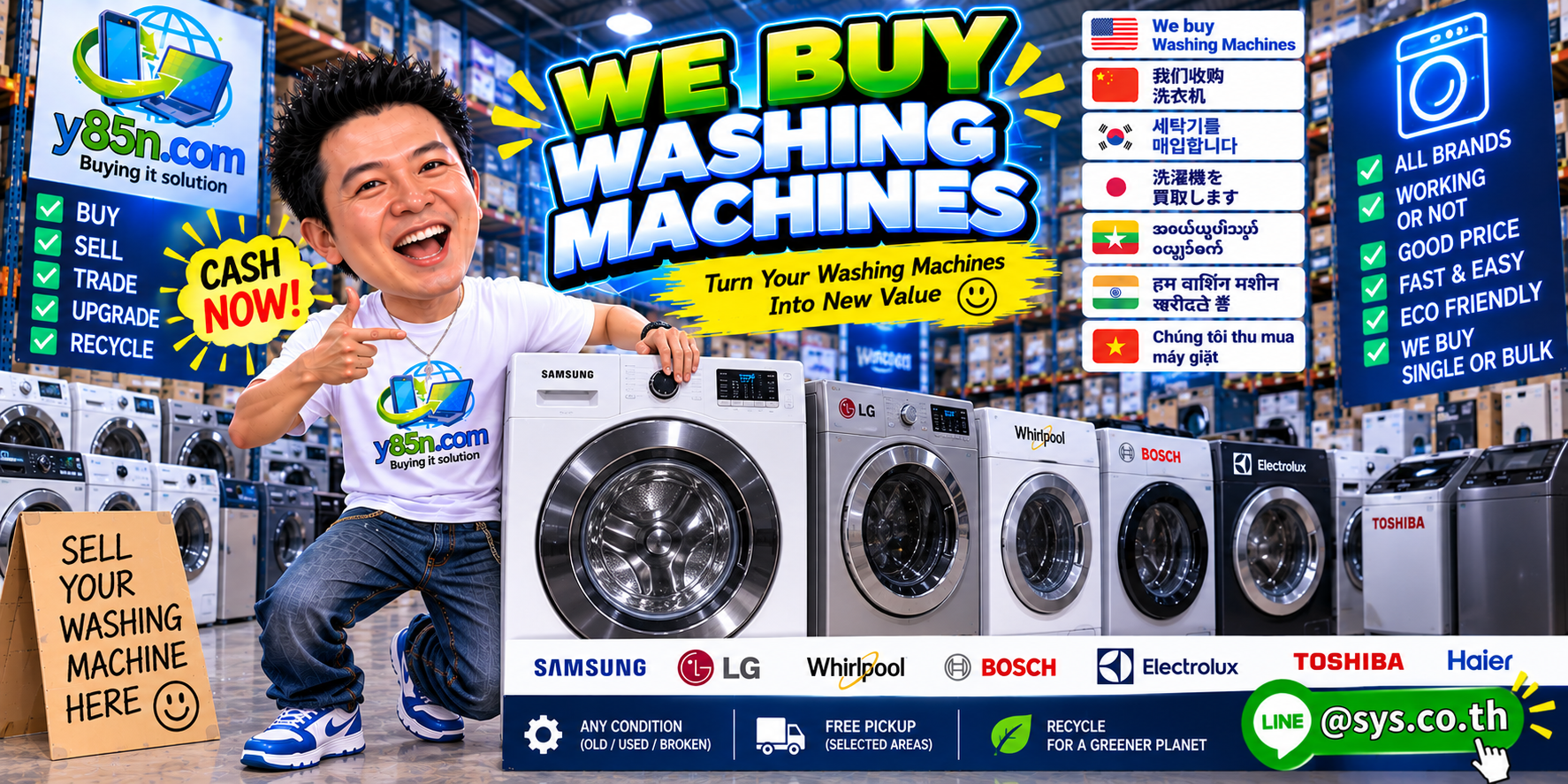 Busy Y85N.com warehouse buying washing machines in Thailand