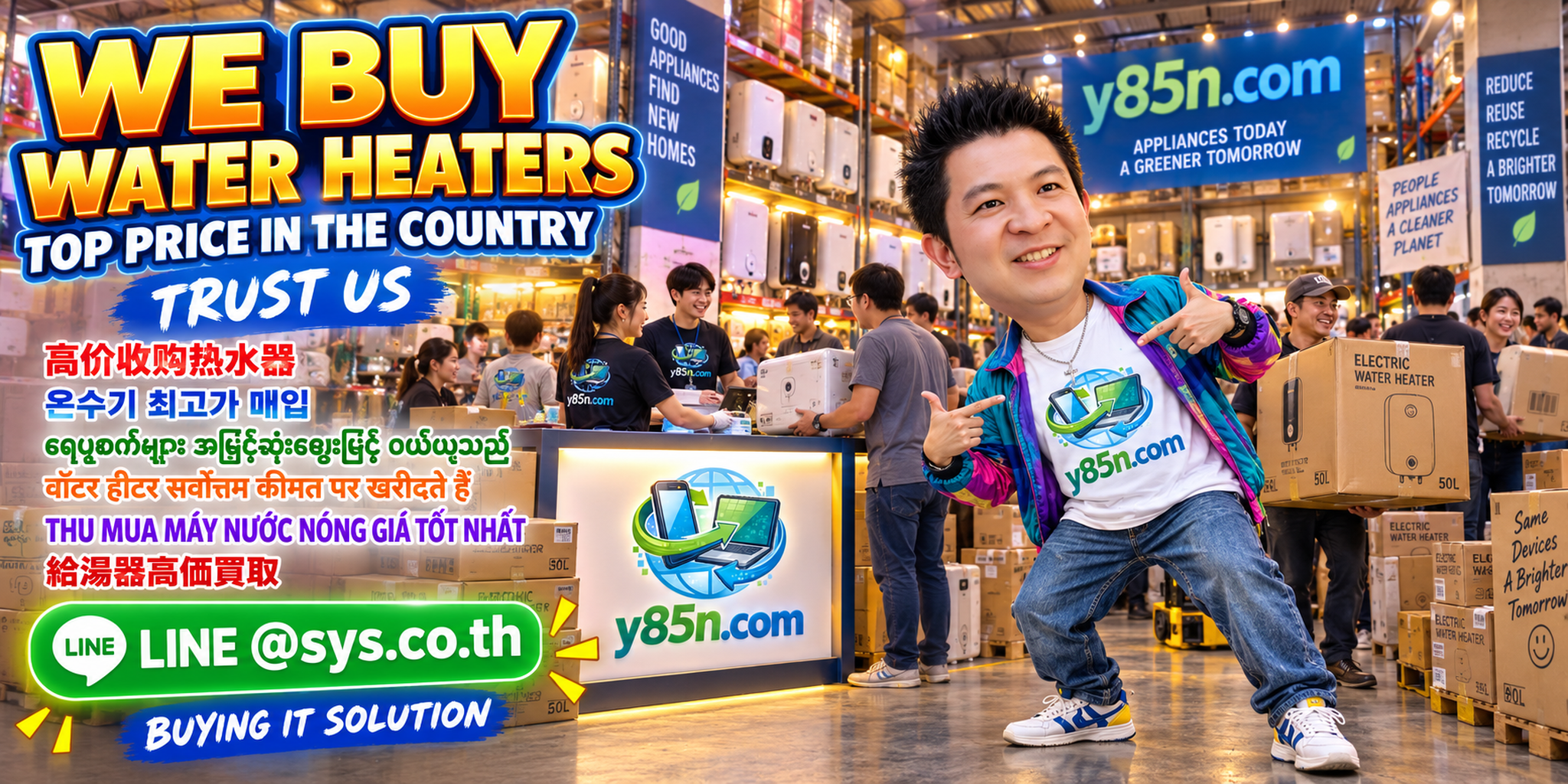 Y85N.com warehouse buying used water heaters with international seller messaging