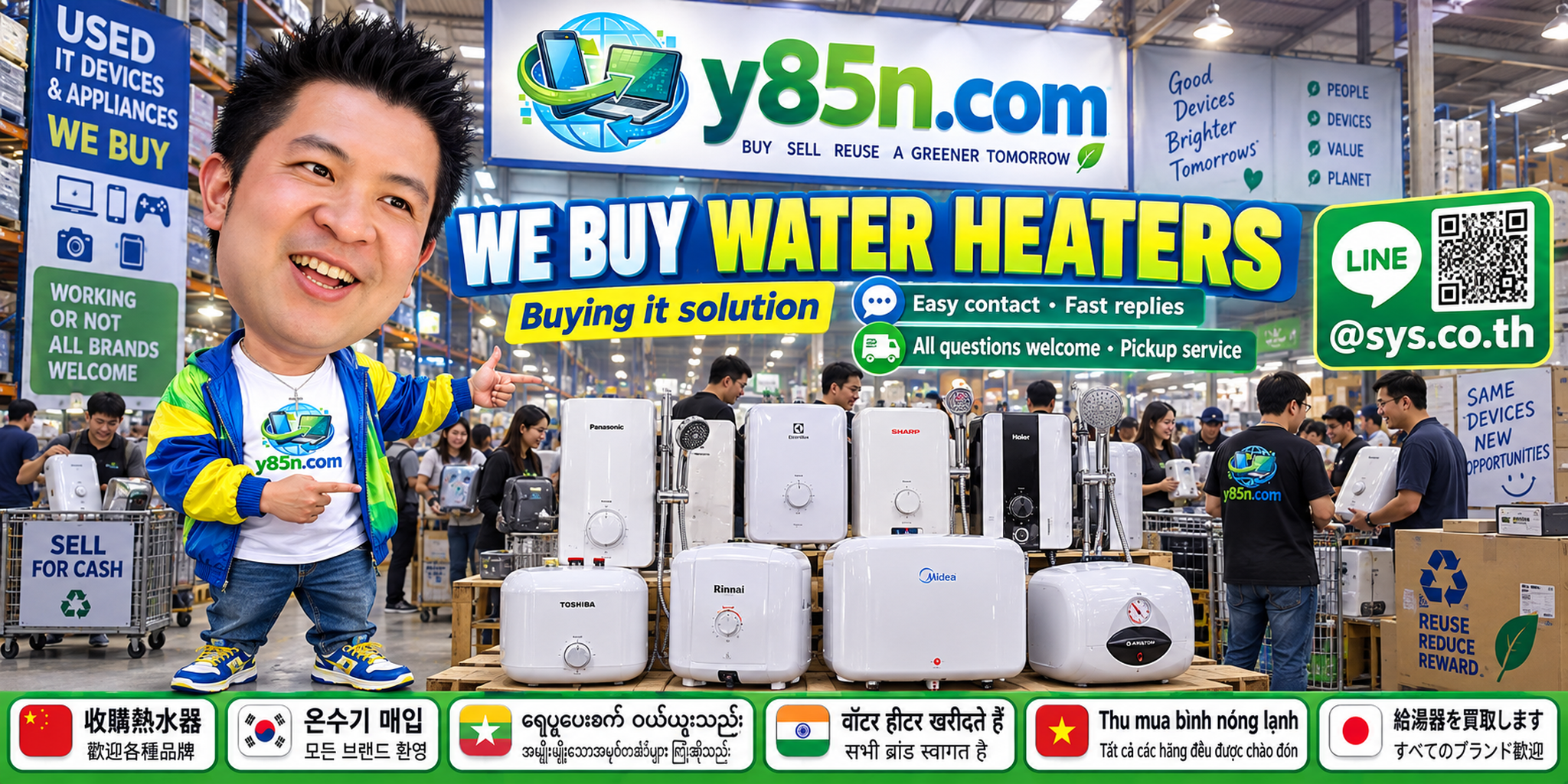Y85N.com water heater buying contact banner with LINE at sys.co.th