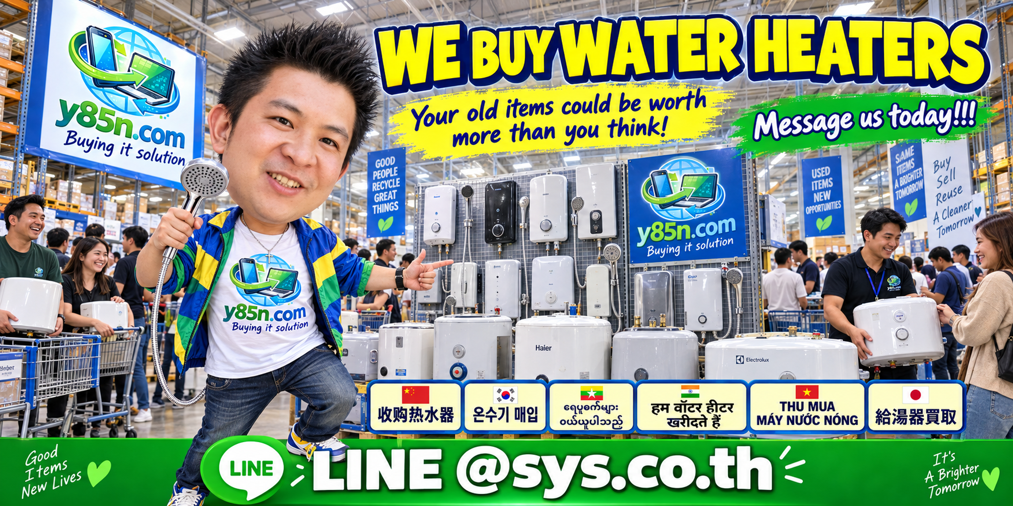 Busy Y85N.com warehouse buying water heaters in Thailand