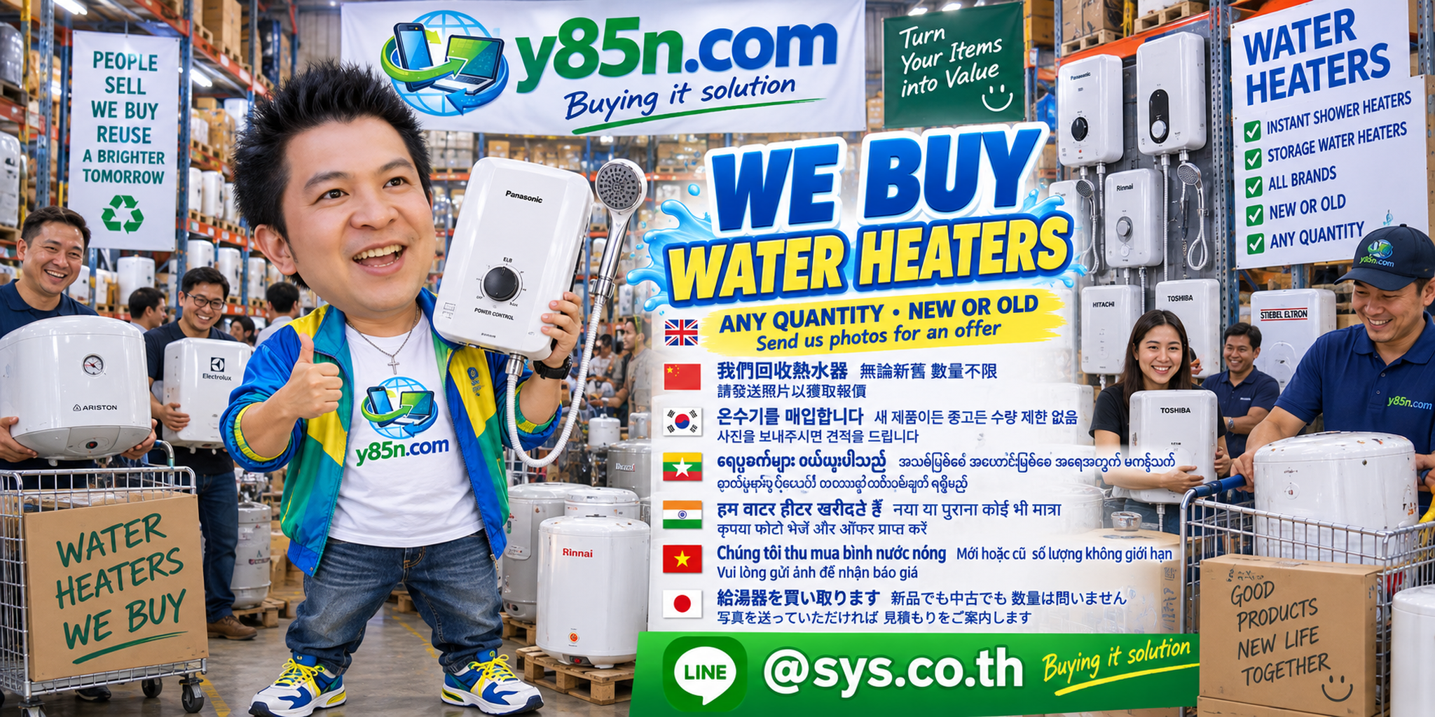 Y85N.com water heater buying warehouse with customers and multiple heater types