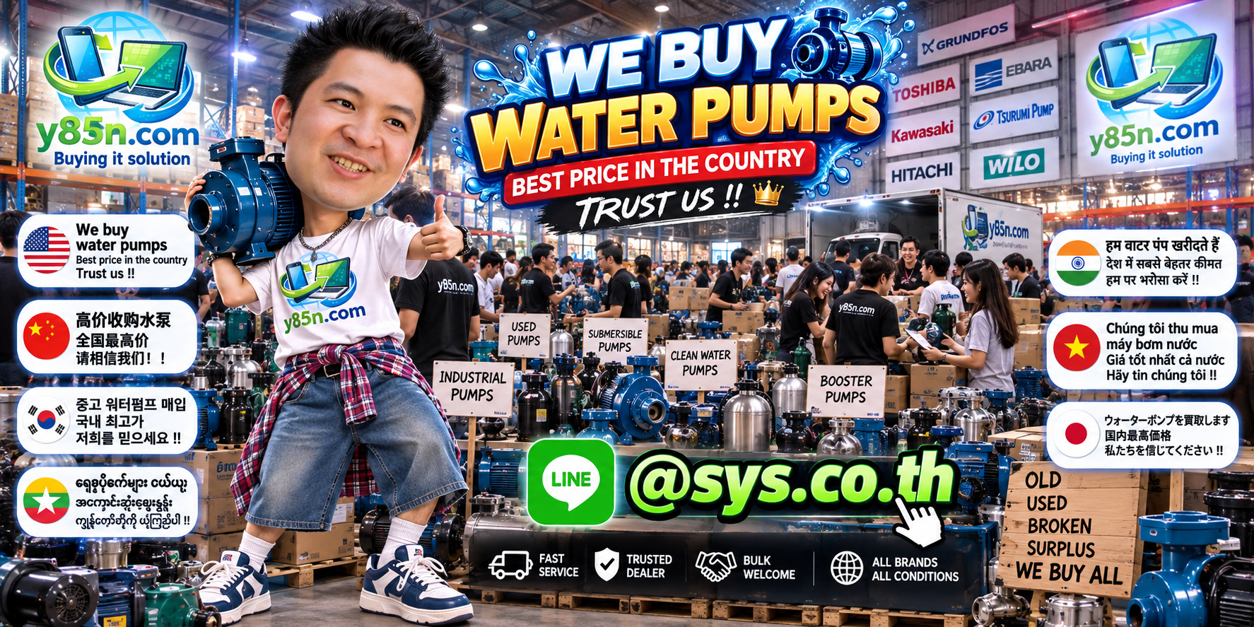 Y85N.com warehouse buying used water pumps with international seller messaging