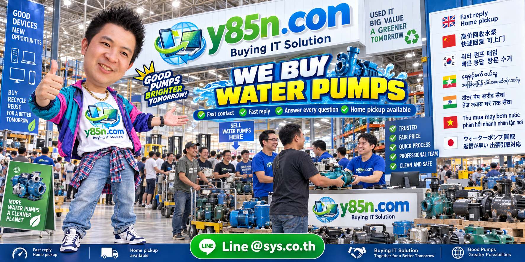 Y85N.com water pump buying contact banner with LINE at sys.co.th