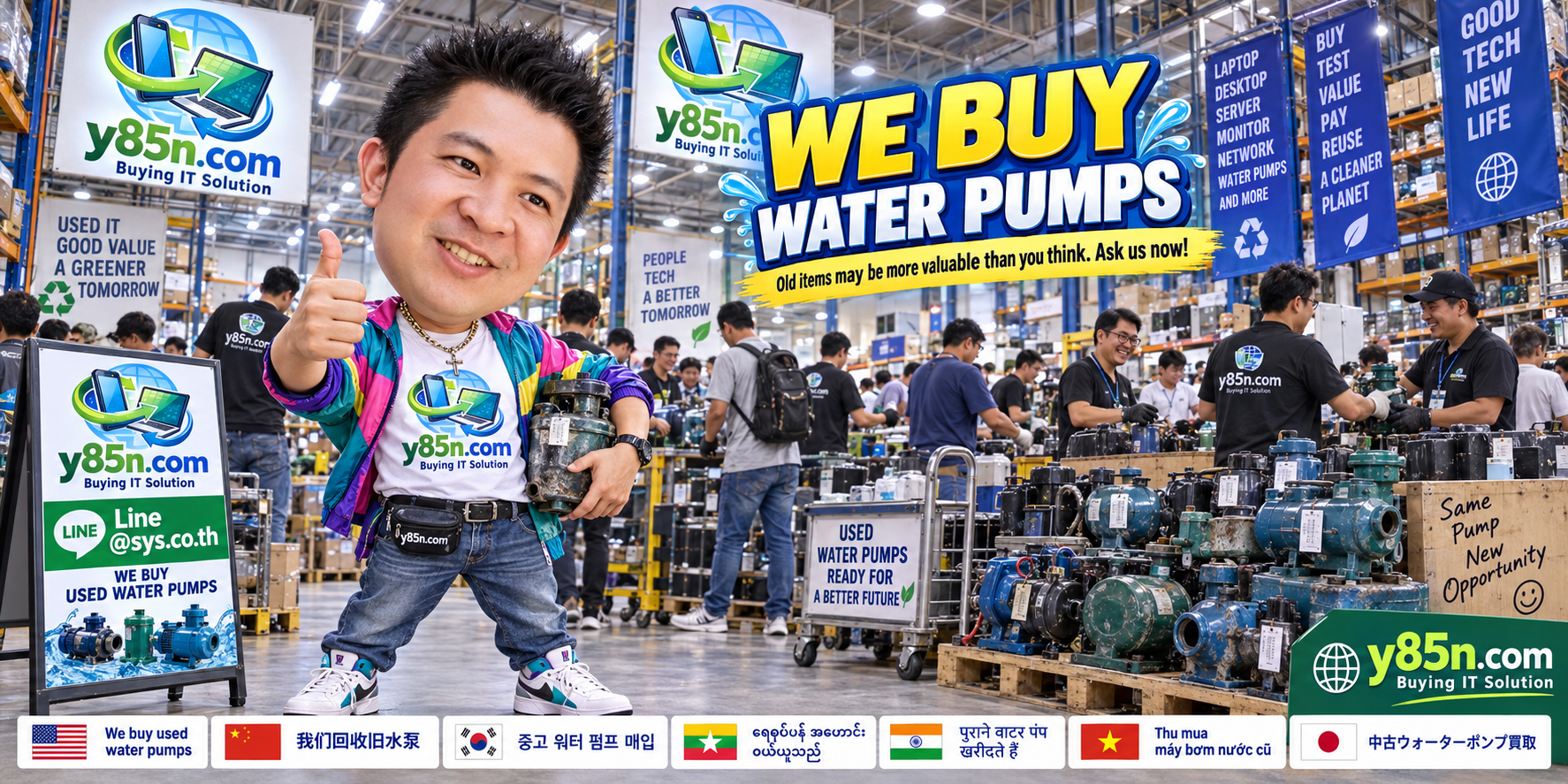 Busy Y85N.com warehouse buying used and industrial water pumps in Thailand