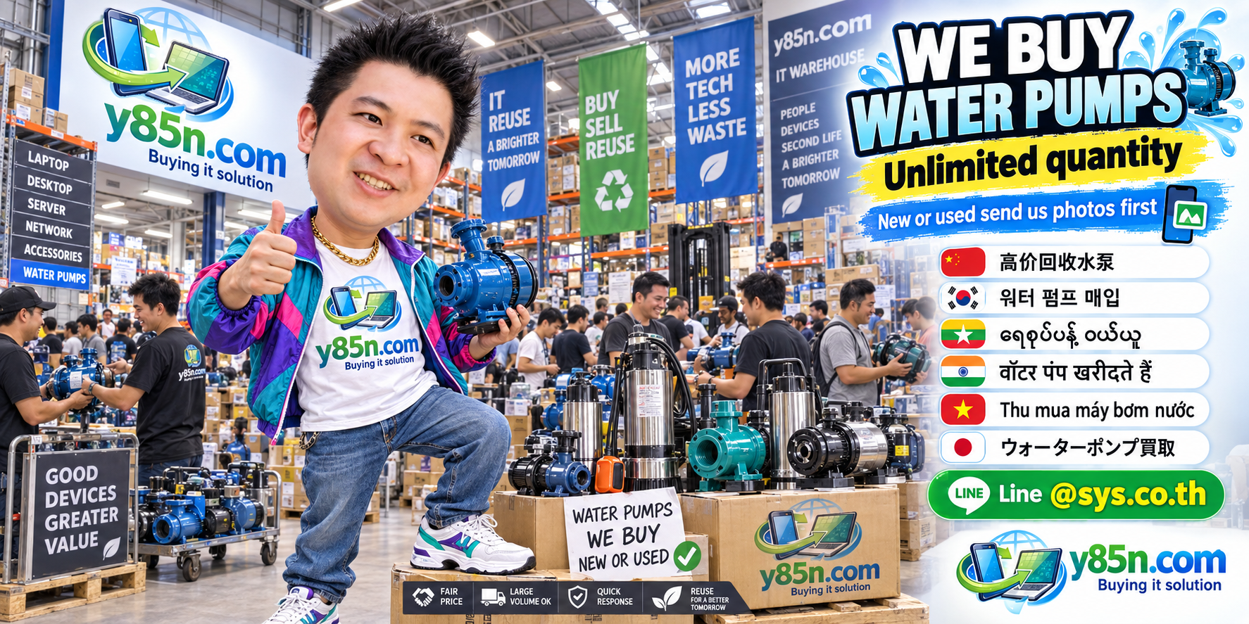 Y85N.com team and customers at a busy warehouse buying used water pumps