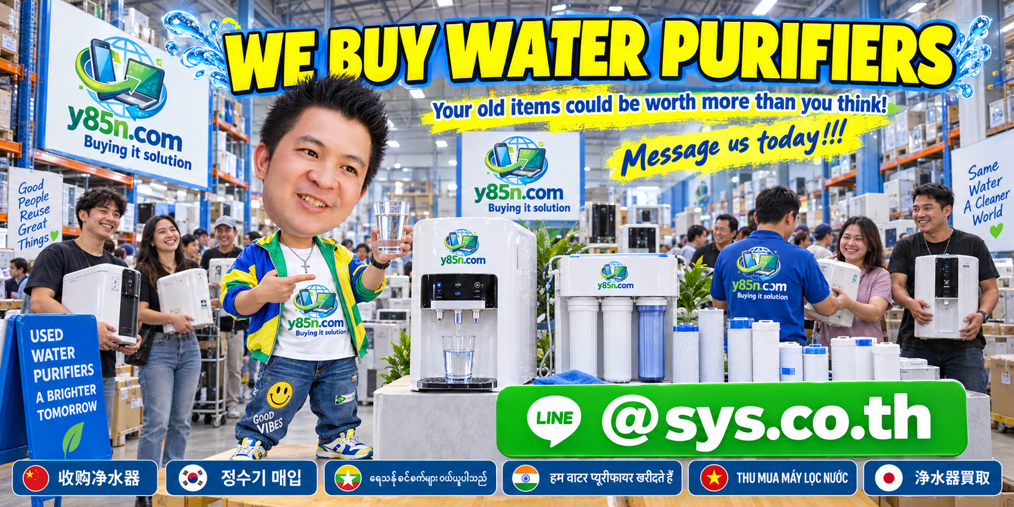 Busy Y85N.com warehouse buying used water purifiers in Thailand