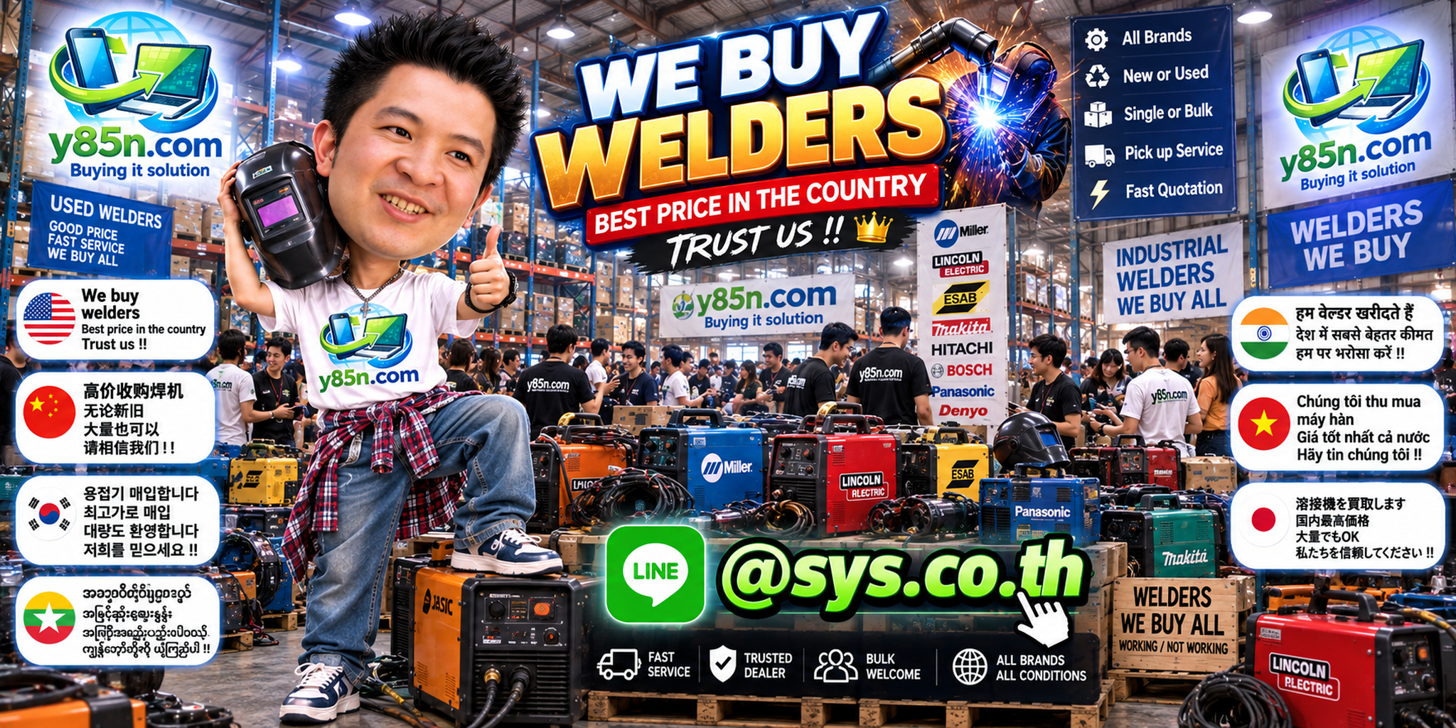 Y85N.com warehouse buying used welders with international seller messaging