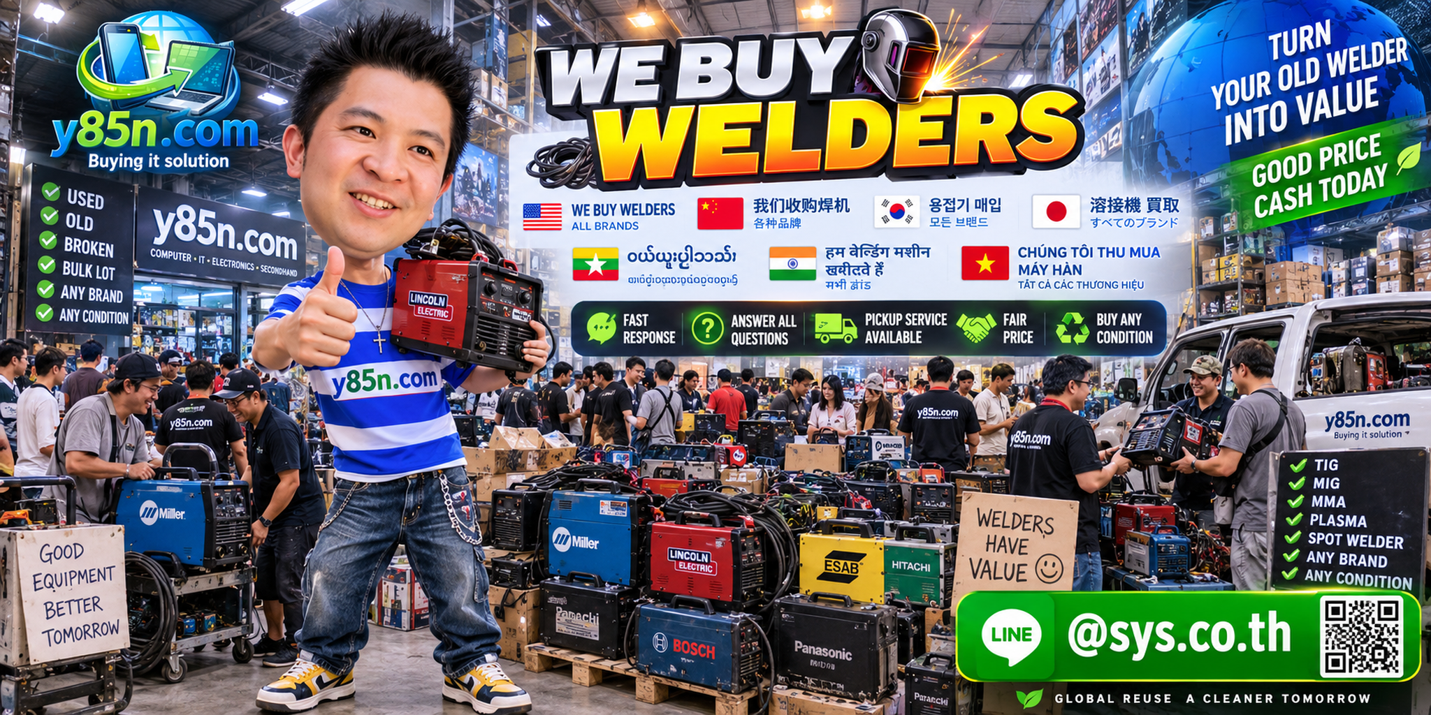 Y85N.com welder buying service contact banner with LINE at sys.co.th