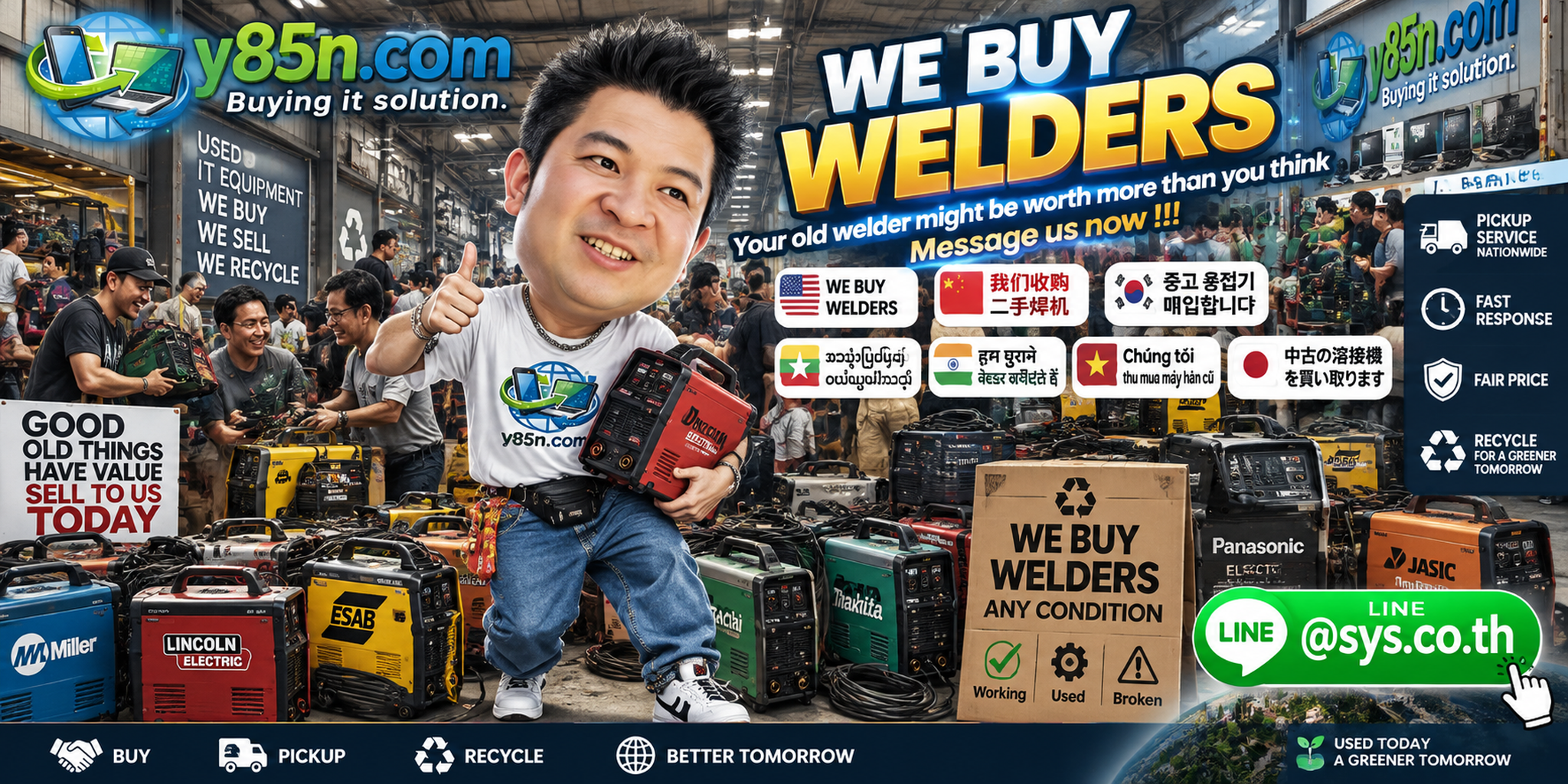 Busy Y85N.com warehouse buying used and industrial welders in Thailand