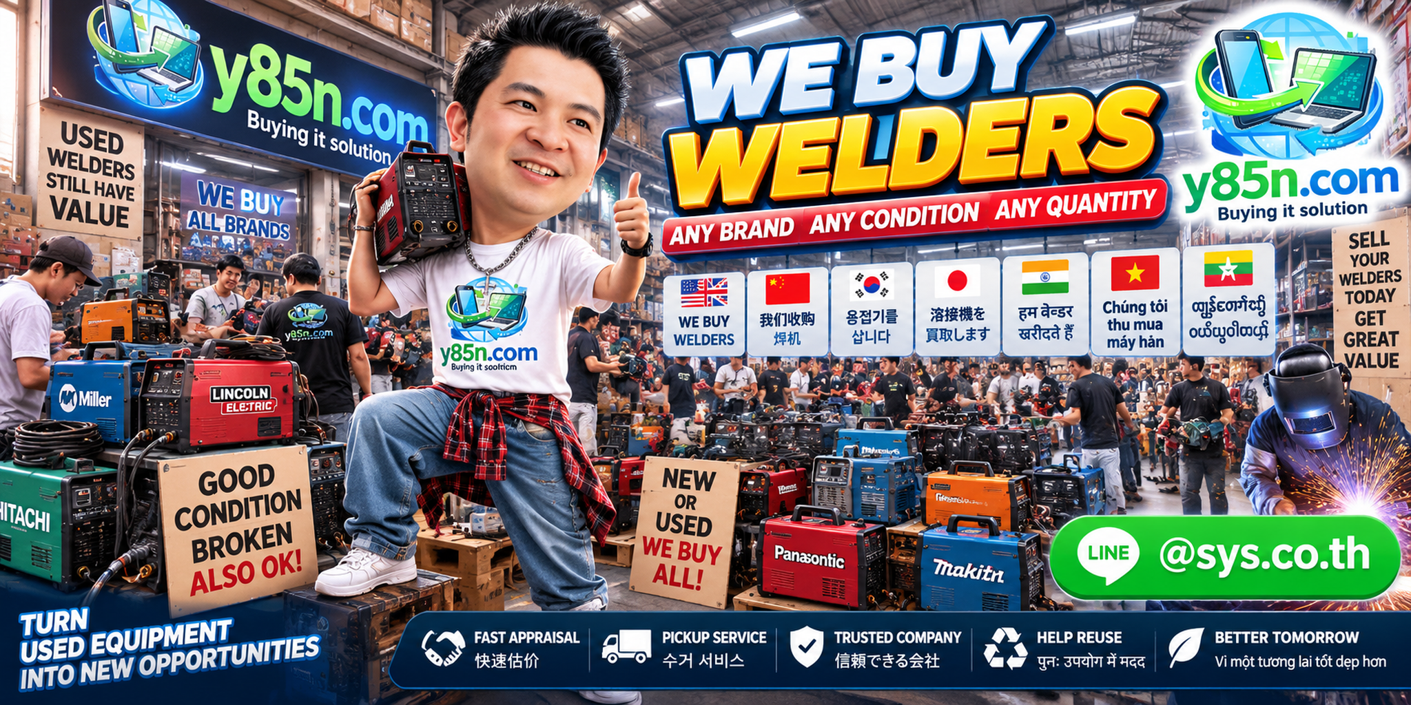 Y85N.com team and sellers at a busy warehouse with used welding machines