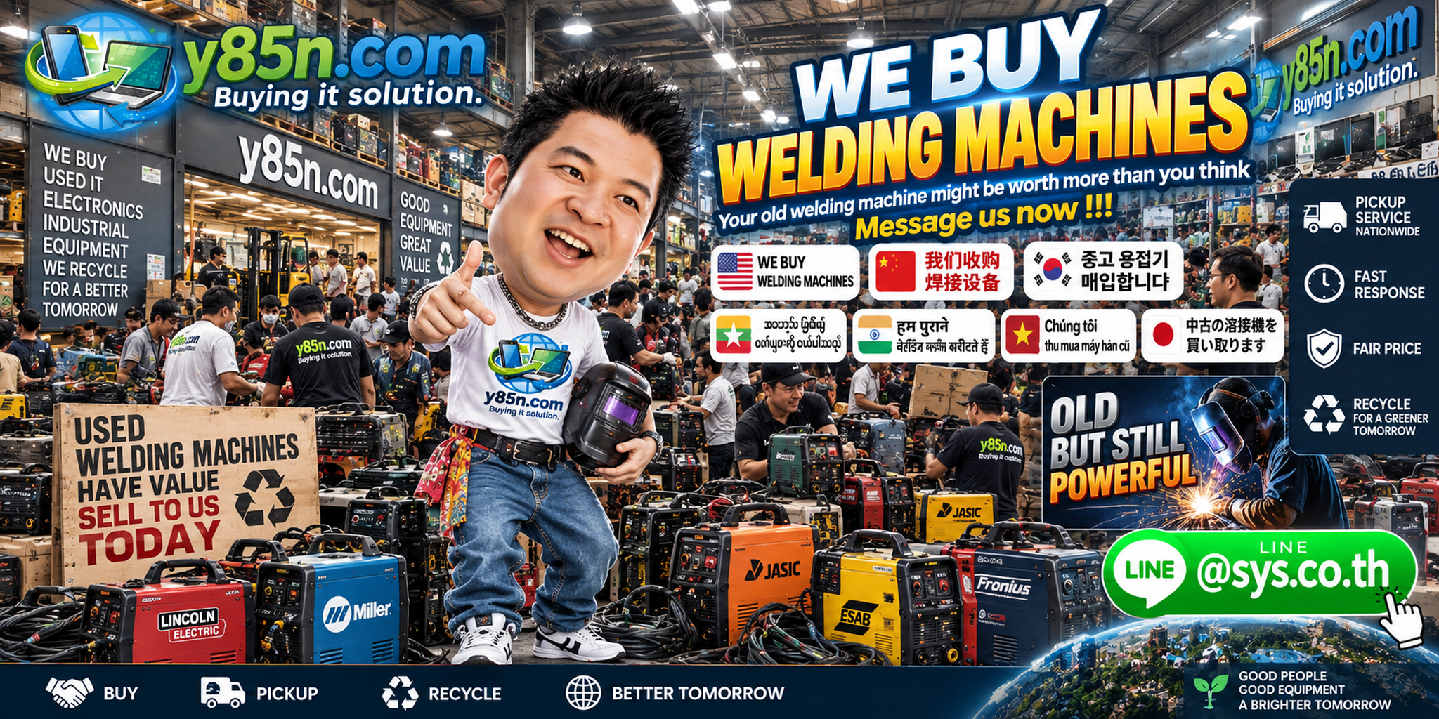 Busy Y85N.com warehouse buying used and industrial welding machines in Thailand