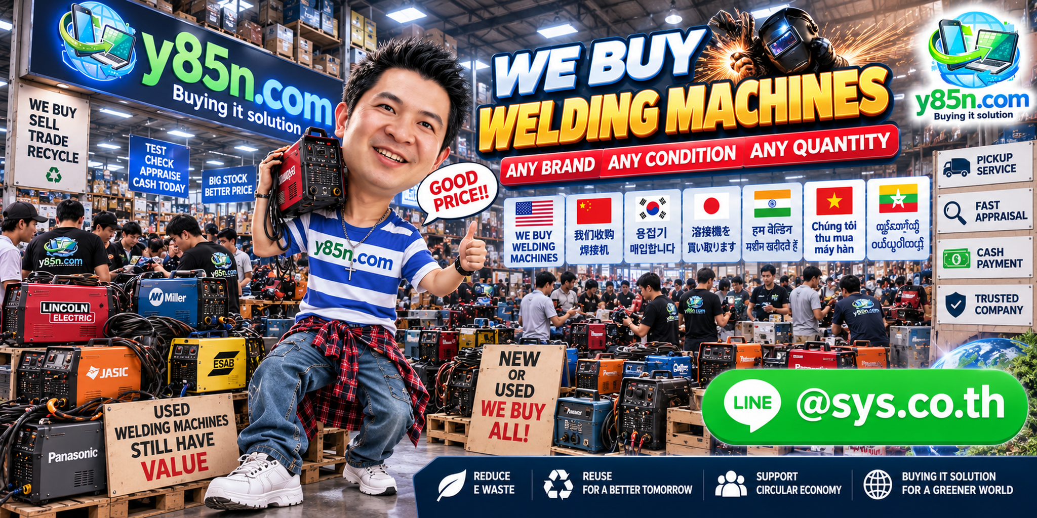 Y85N.com team evaluating welding machines and factory welding equipment in a busy warehouse
