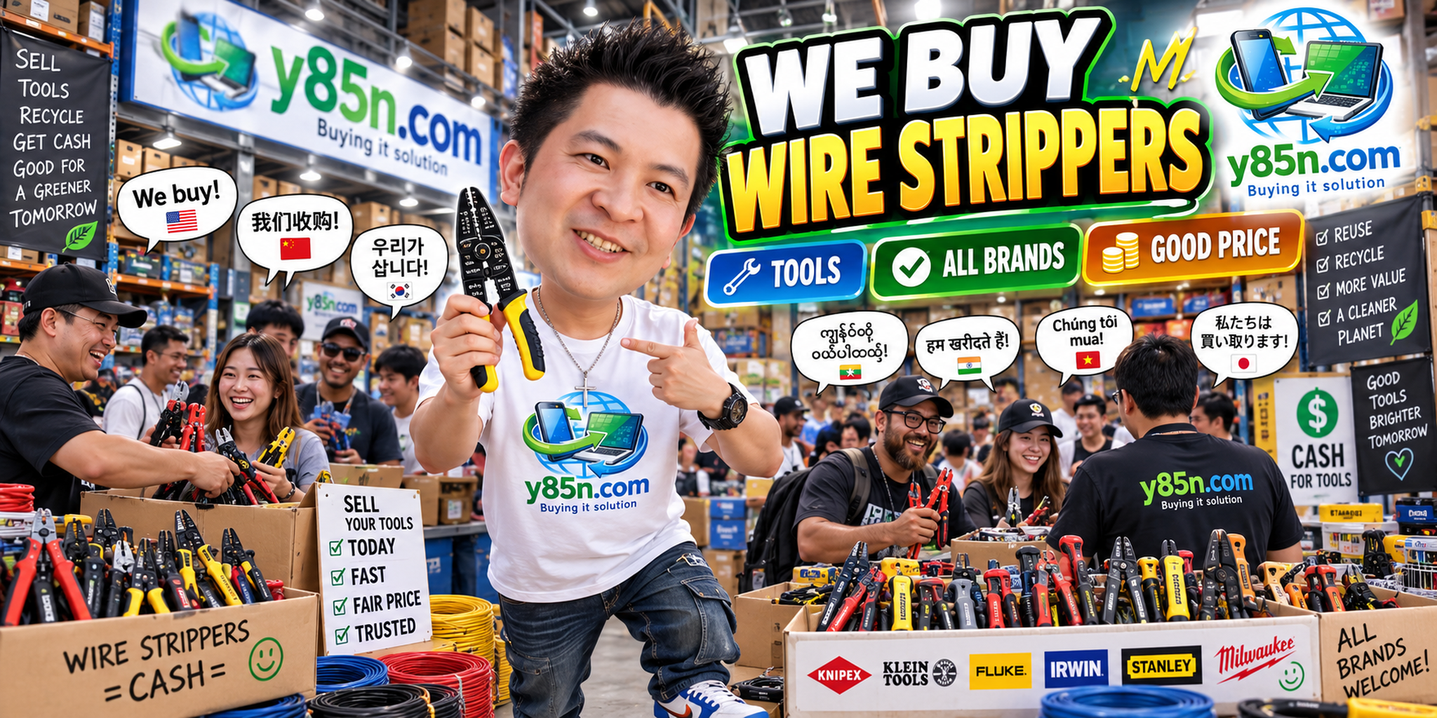 Y85N.com warehouse buying used wire strippers with international seller messaging
