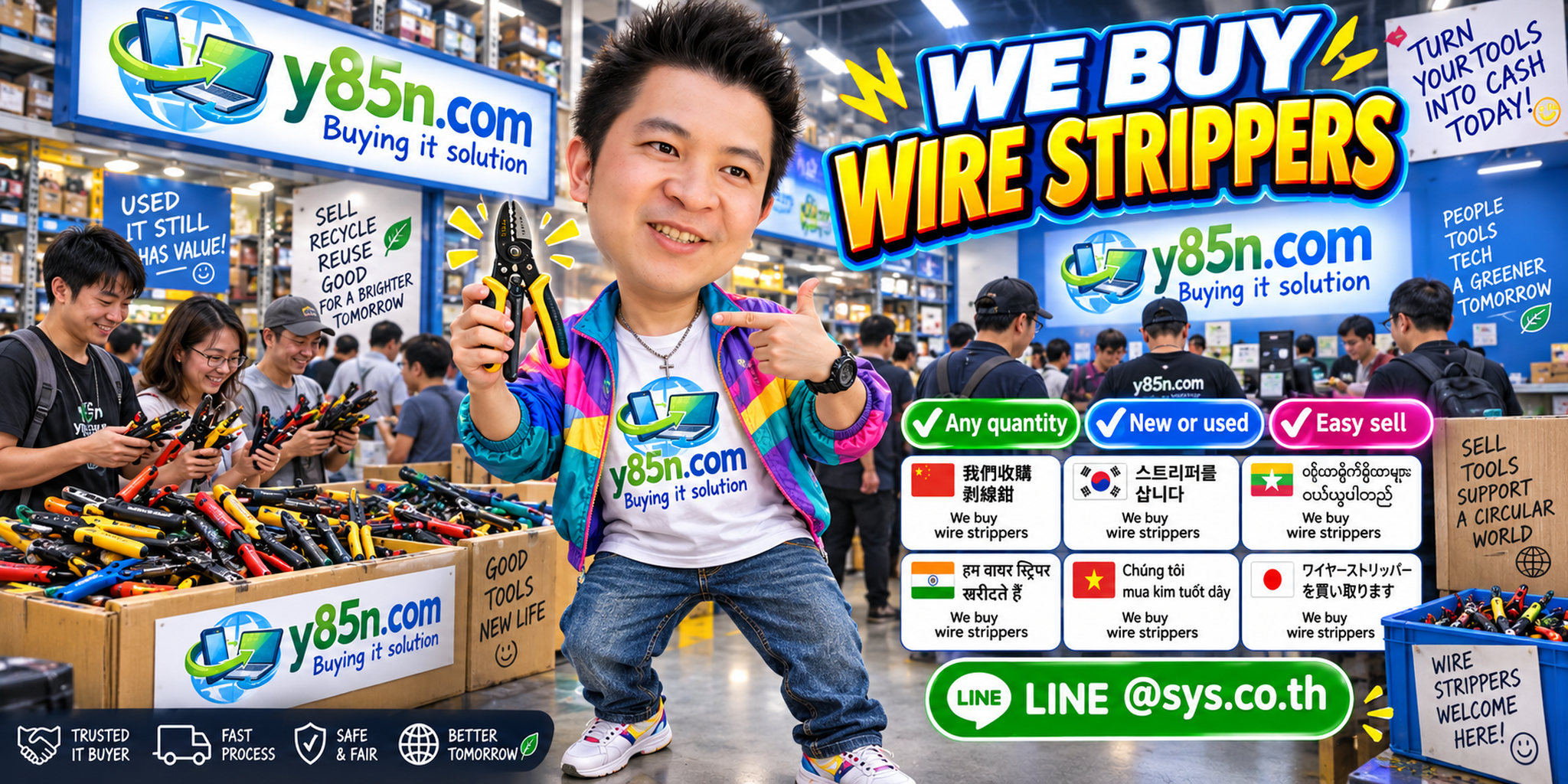 Y85N.com team and customers at a busy warehouse buying wire strippers and electrician tools