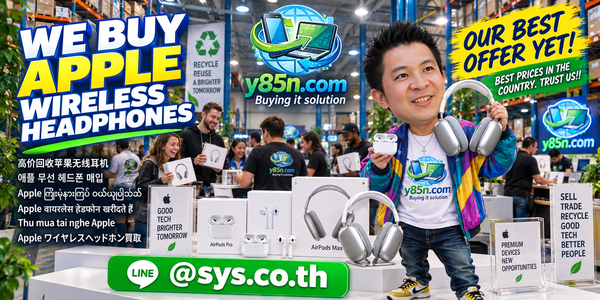 Y85N.com warehouse buying used Apple AirPods and AirPods Max with international seller service