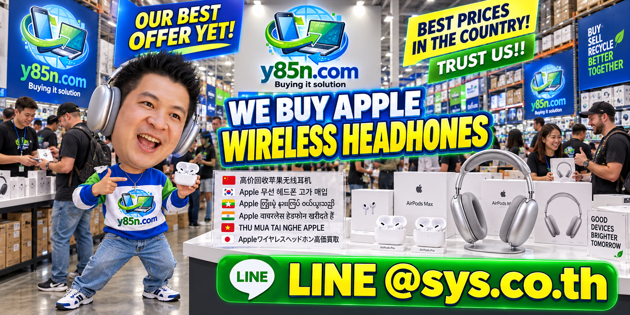 Y85N.com Apple wireless headphones buying contact banner with LINE at sys.co.th