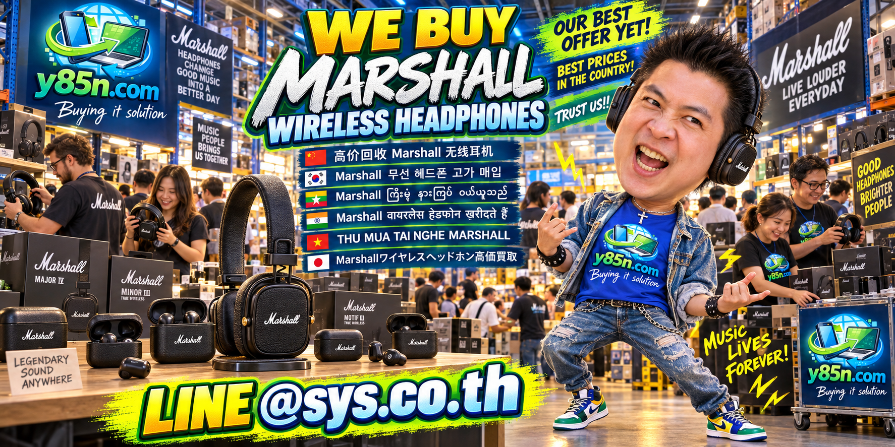 Y85N.com Marshall wireless headphones buying contact banner with LINE sys.co.th