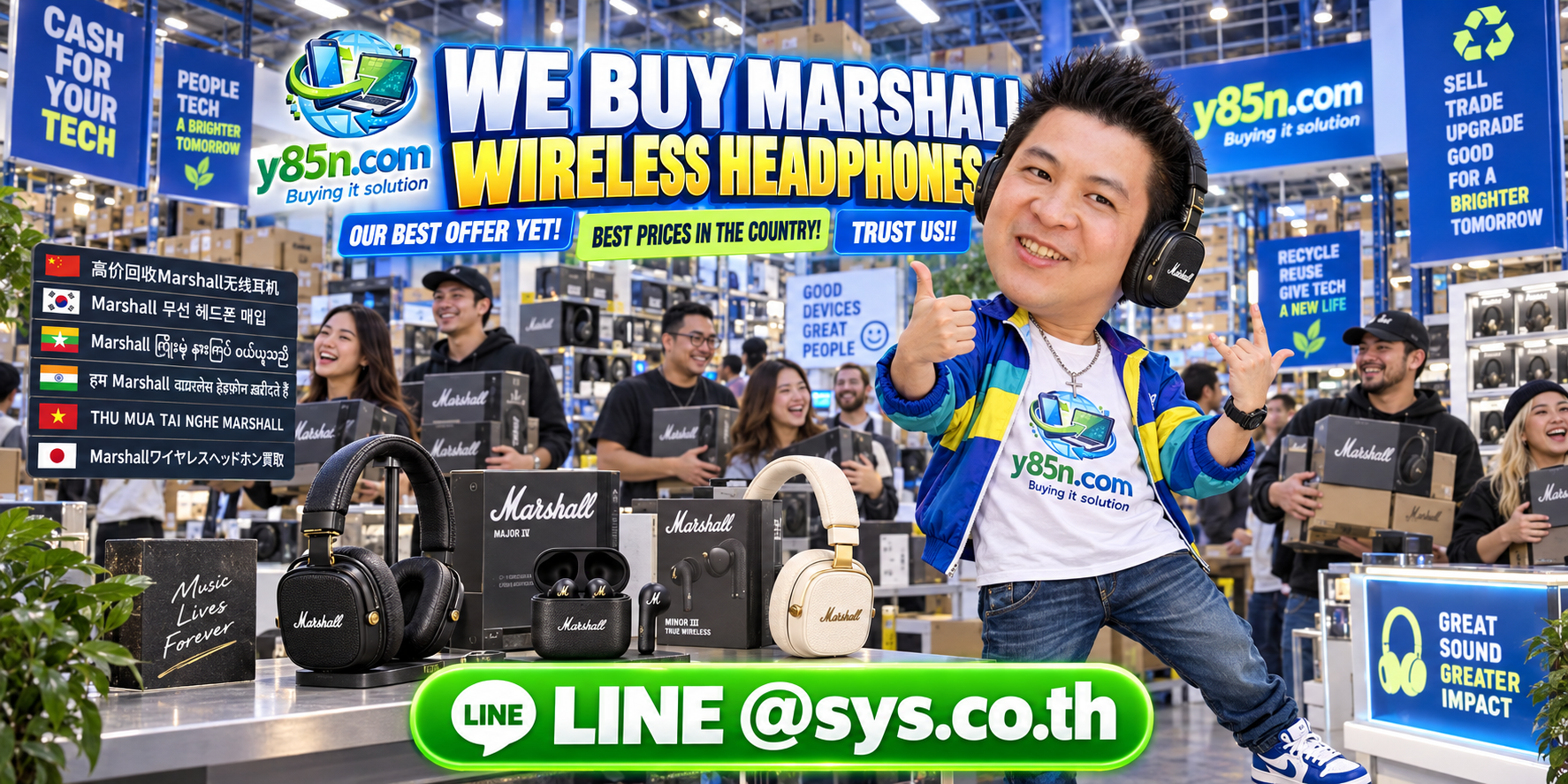 Y85N.com Marshall wireless headphones buying service in a busy technology warehouse in Thailand