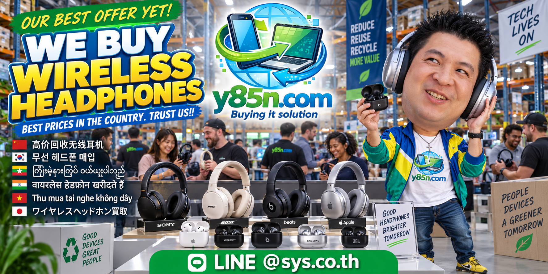 Y85N.com buying wireless headphones in a busy technology warehouse in Thailand